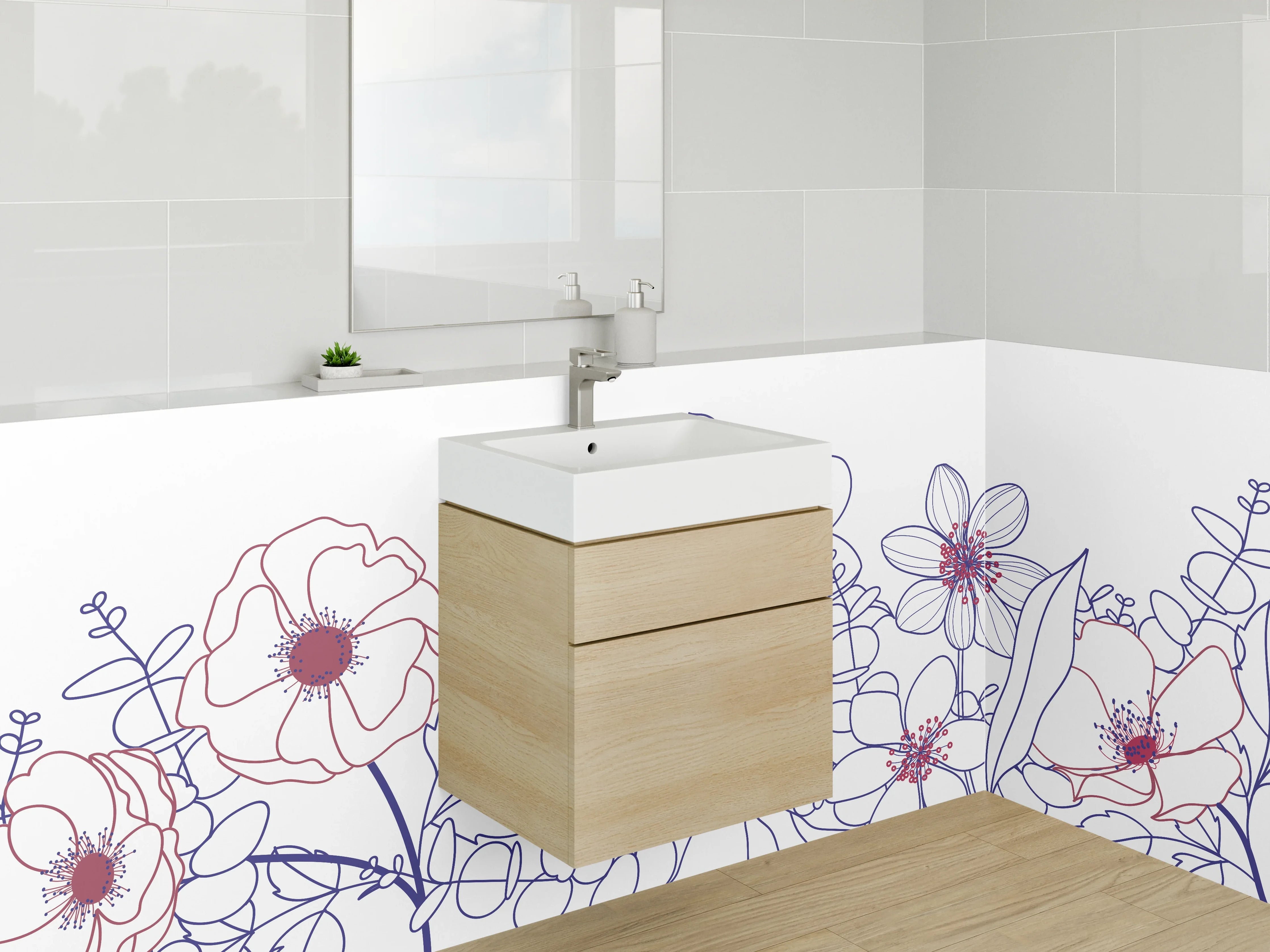 Waschbecken-Rückwand - Florale Lineart Blumenzeichnung