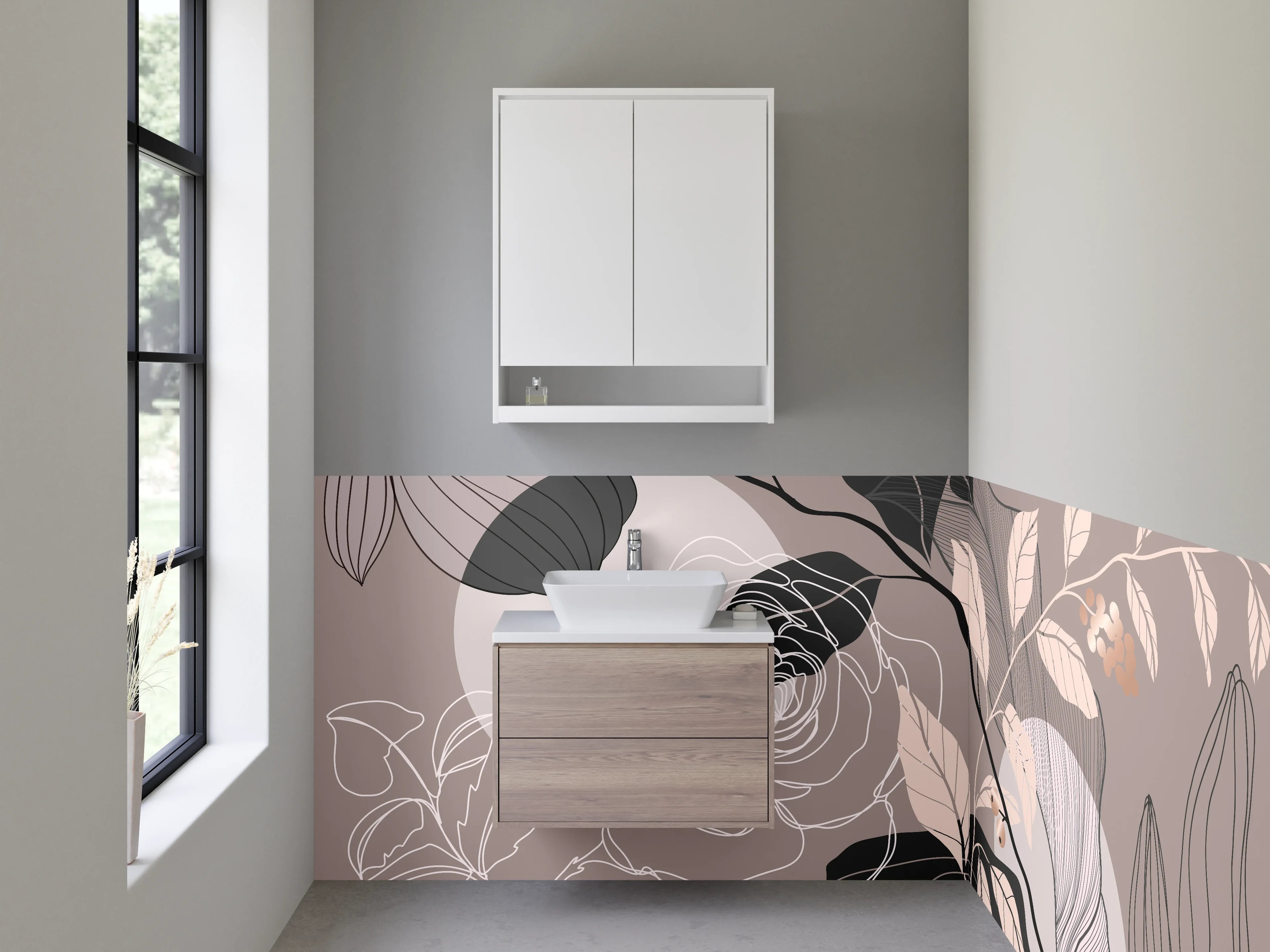 Waschbecken-Rückwand - Florale Lineart in sanftem Beige