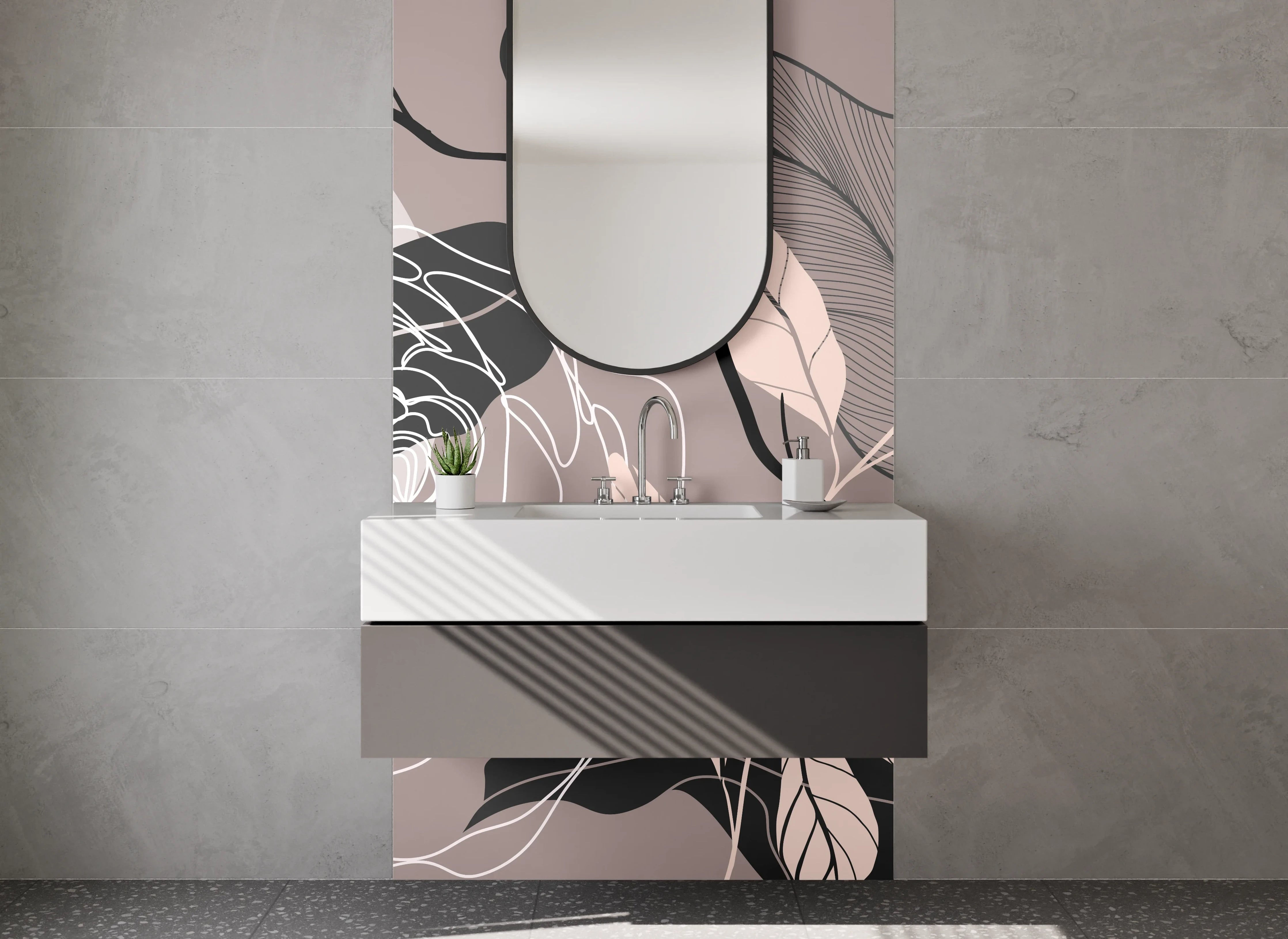 Waschbecken-Rückwand - Florale Lineart in sanftem Beige