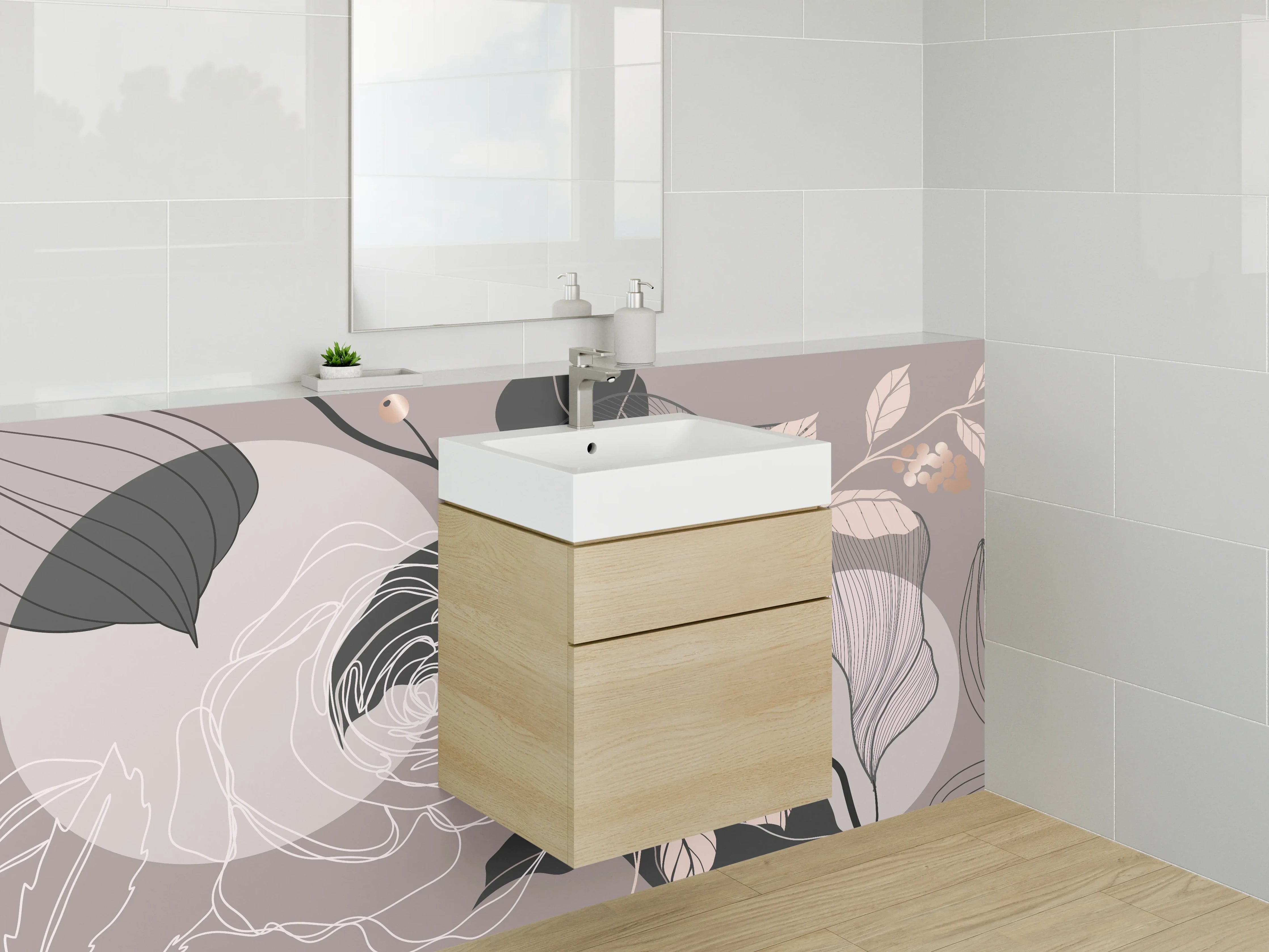 Waschbecken-Rückwand - Florale Lineart in sanftem Beige