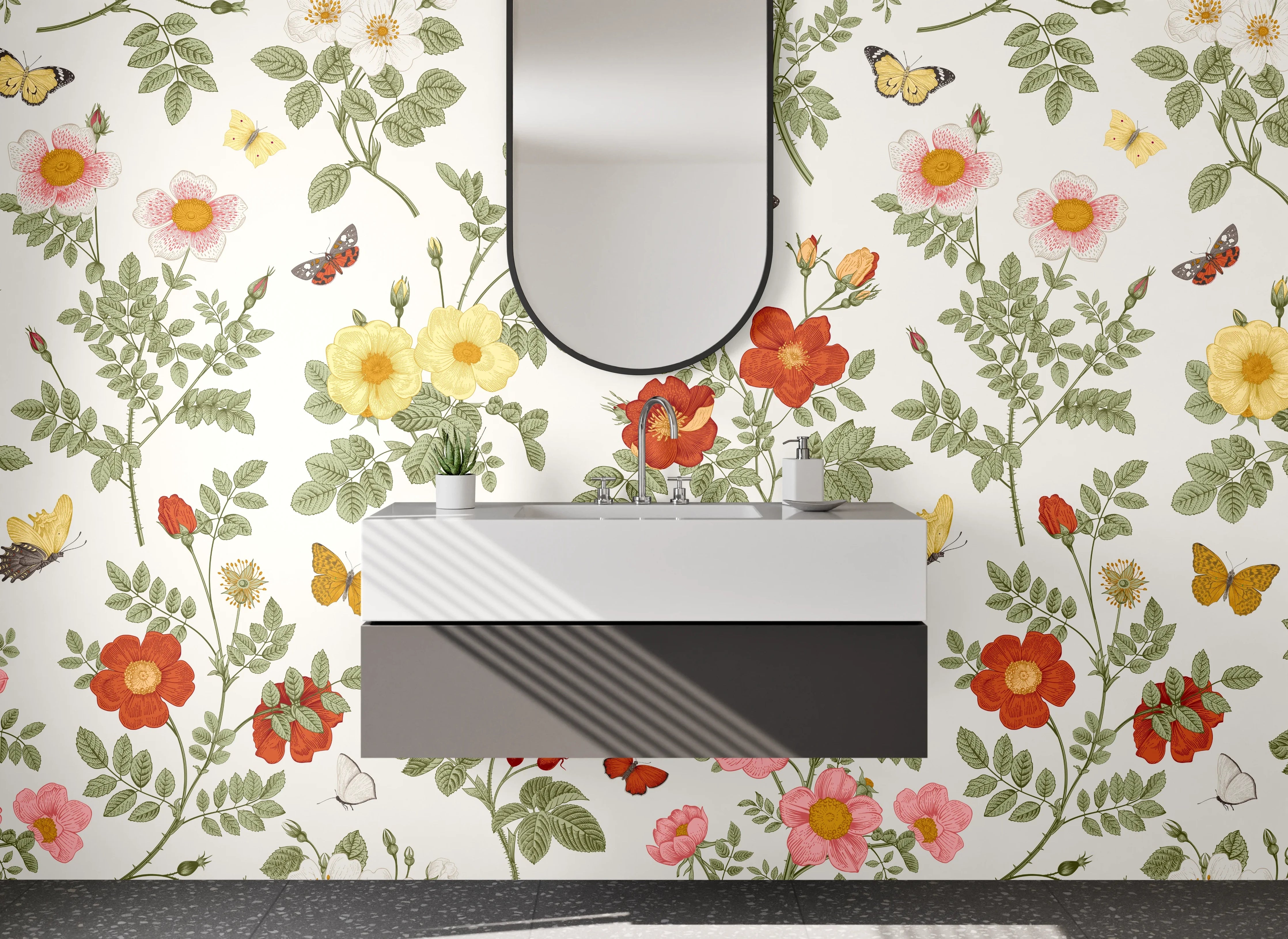 Waschbecken-Rückwand - Florale Muster Blumen und Schmetterlinge