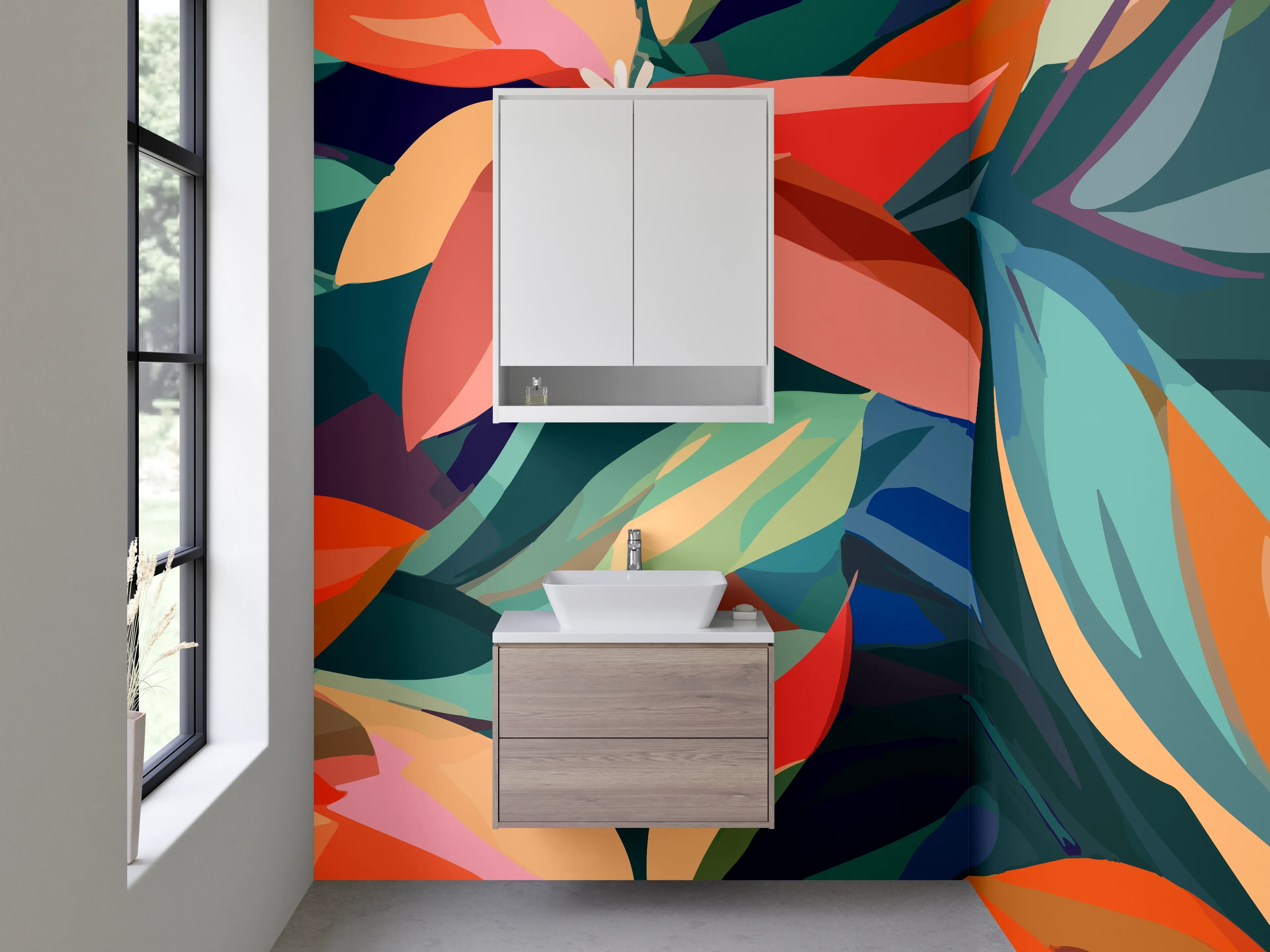 Waschbecken-Rückwand - Florale Retro-Illustration Orange Türkis Blau