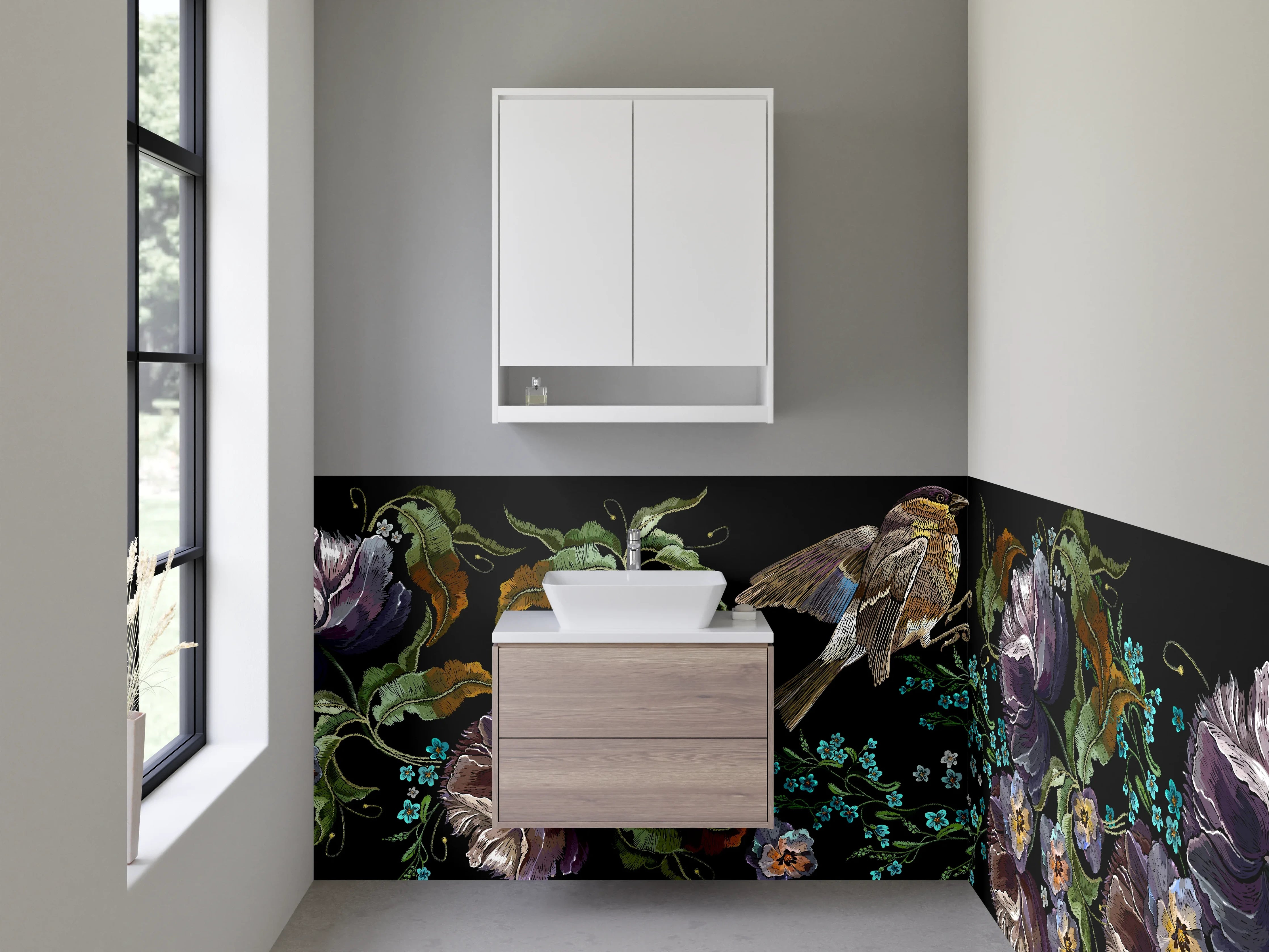 Waschbecken-Rückwand - Florale Stickerei mit Vogel – Kunstvoll