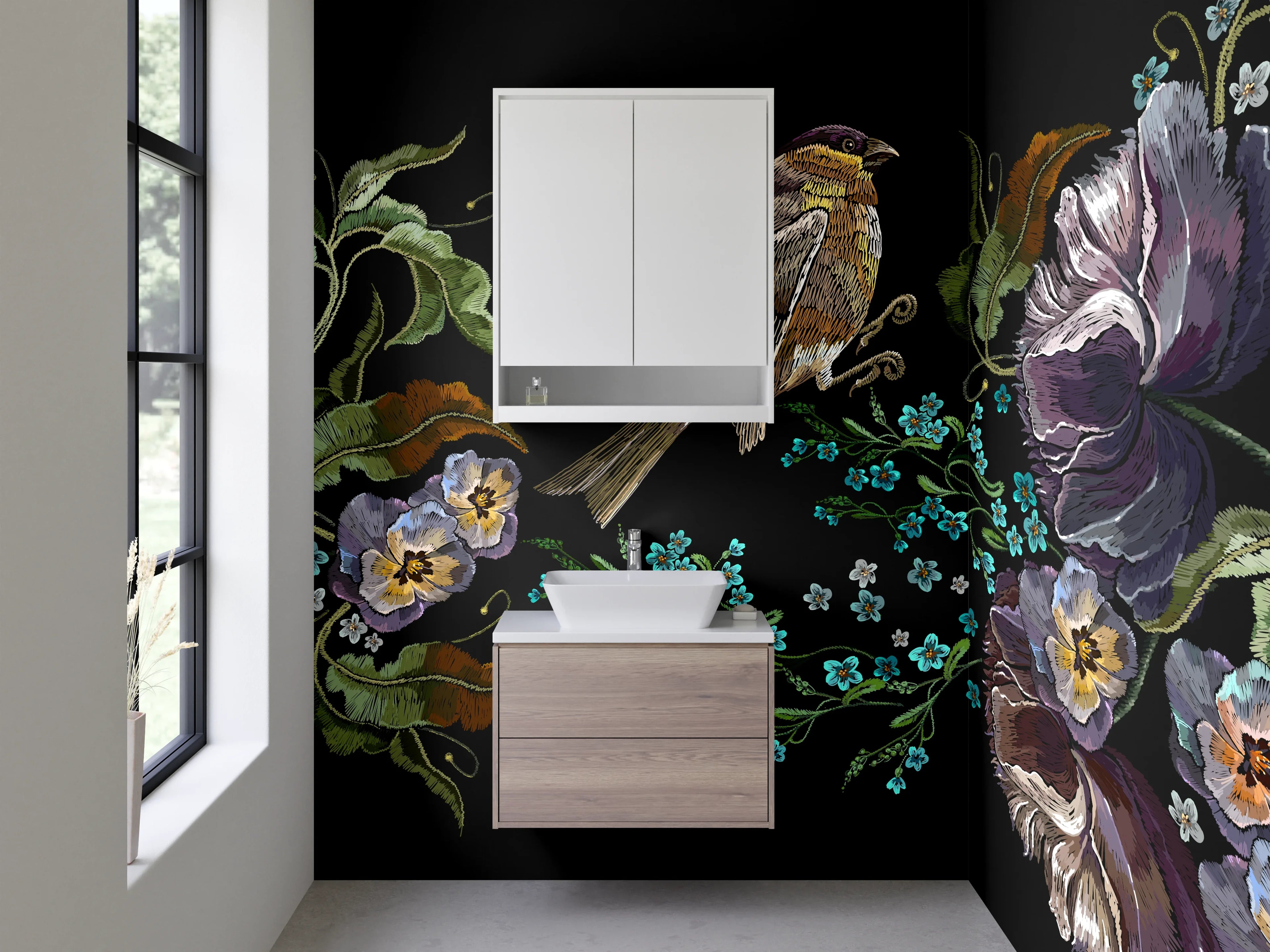 Waschbecken-Rückwand - Florale Stickerei mit Vogel – Kunstvoll