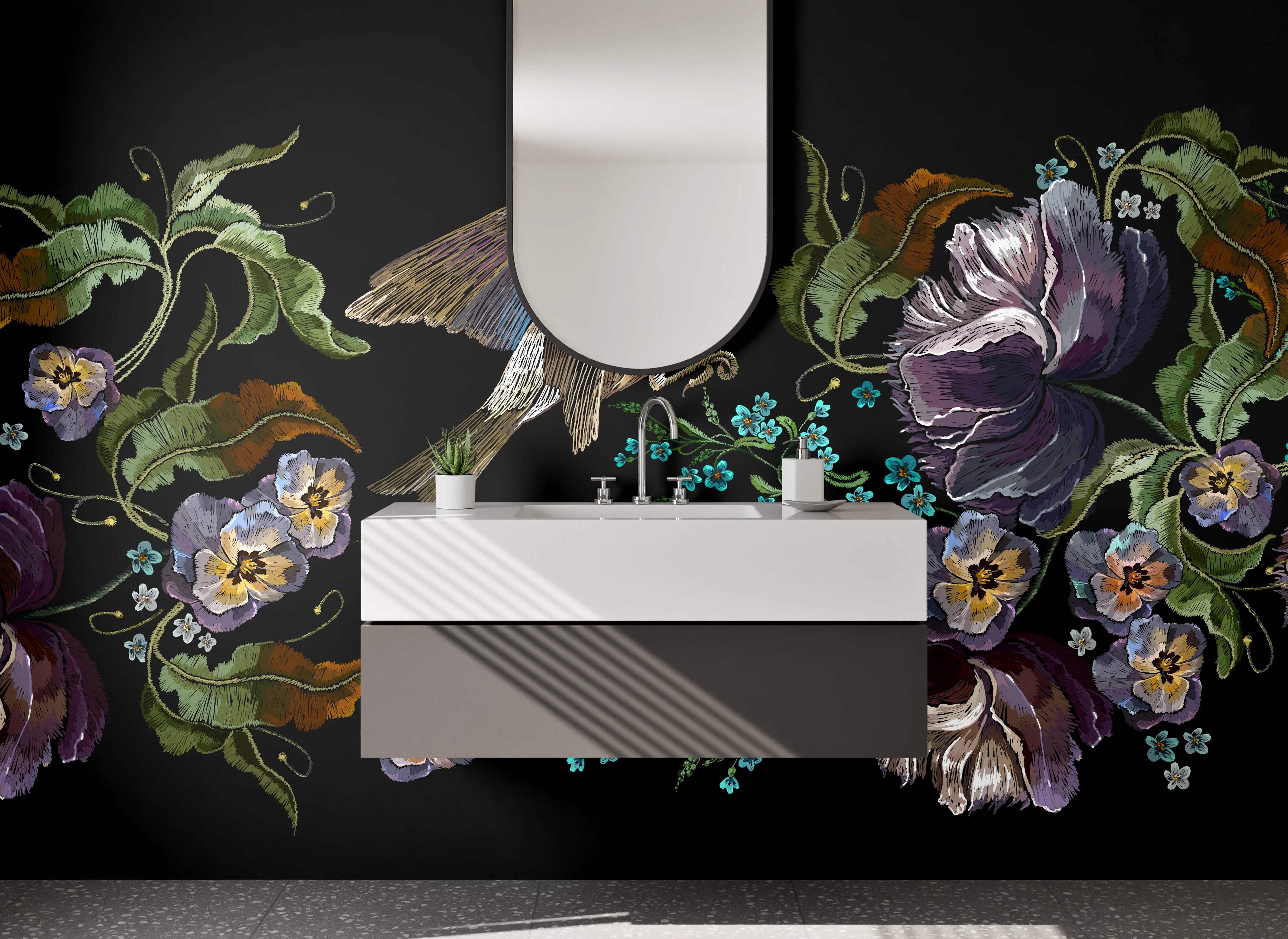 Waschbecken-Rückwand - Florale Stickerei mit Vogel – Kunstvoll