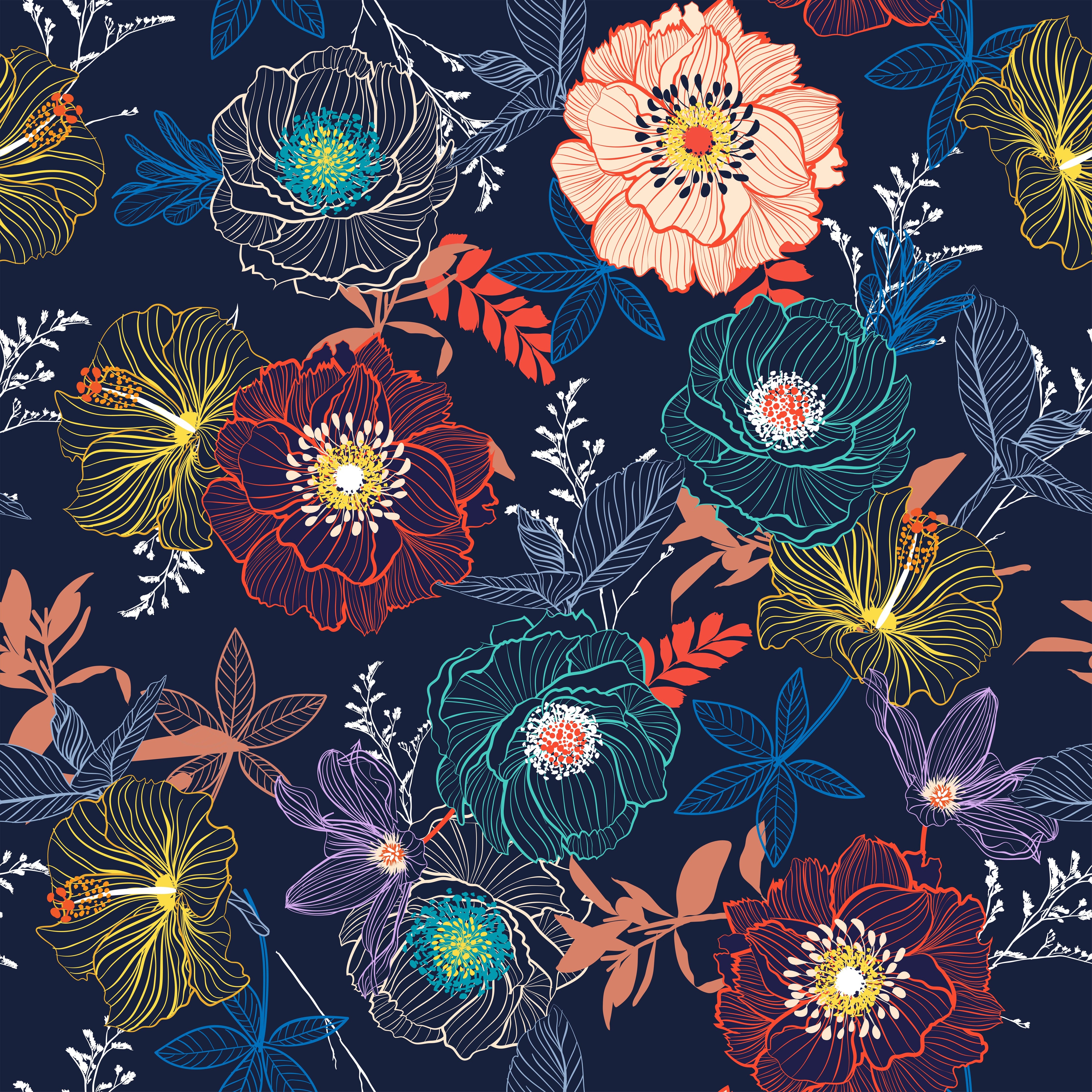 Waschbecken-Rückwand-Florale Vintage-Blumen Illustration Dunkelblau