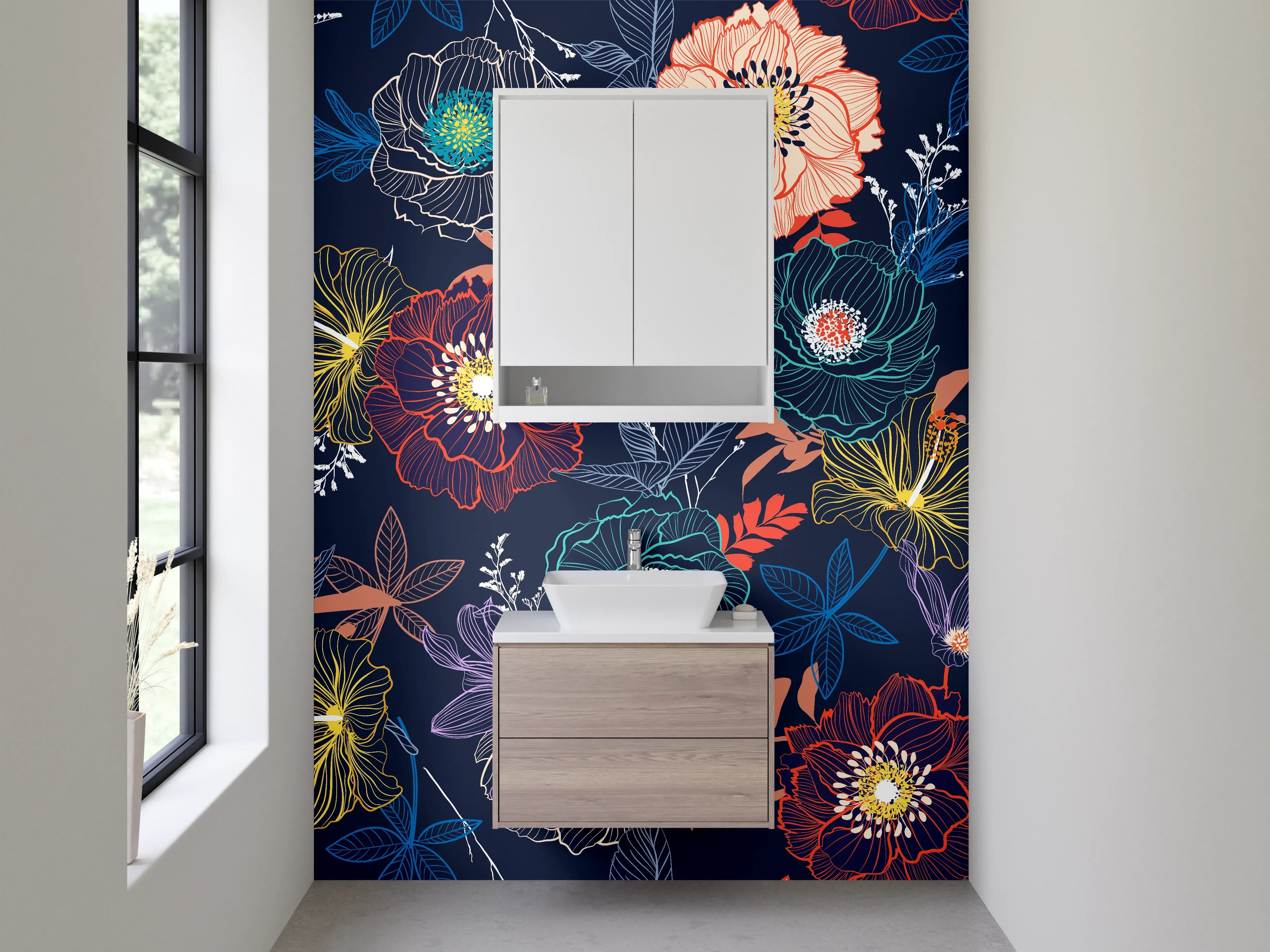 Waschbecken-Rückwand - Florale Vintage-Blumen Illustration Dunkelblau