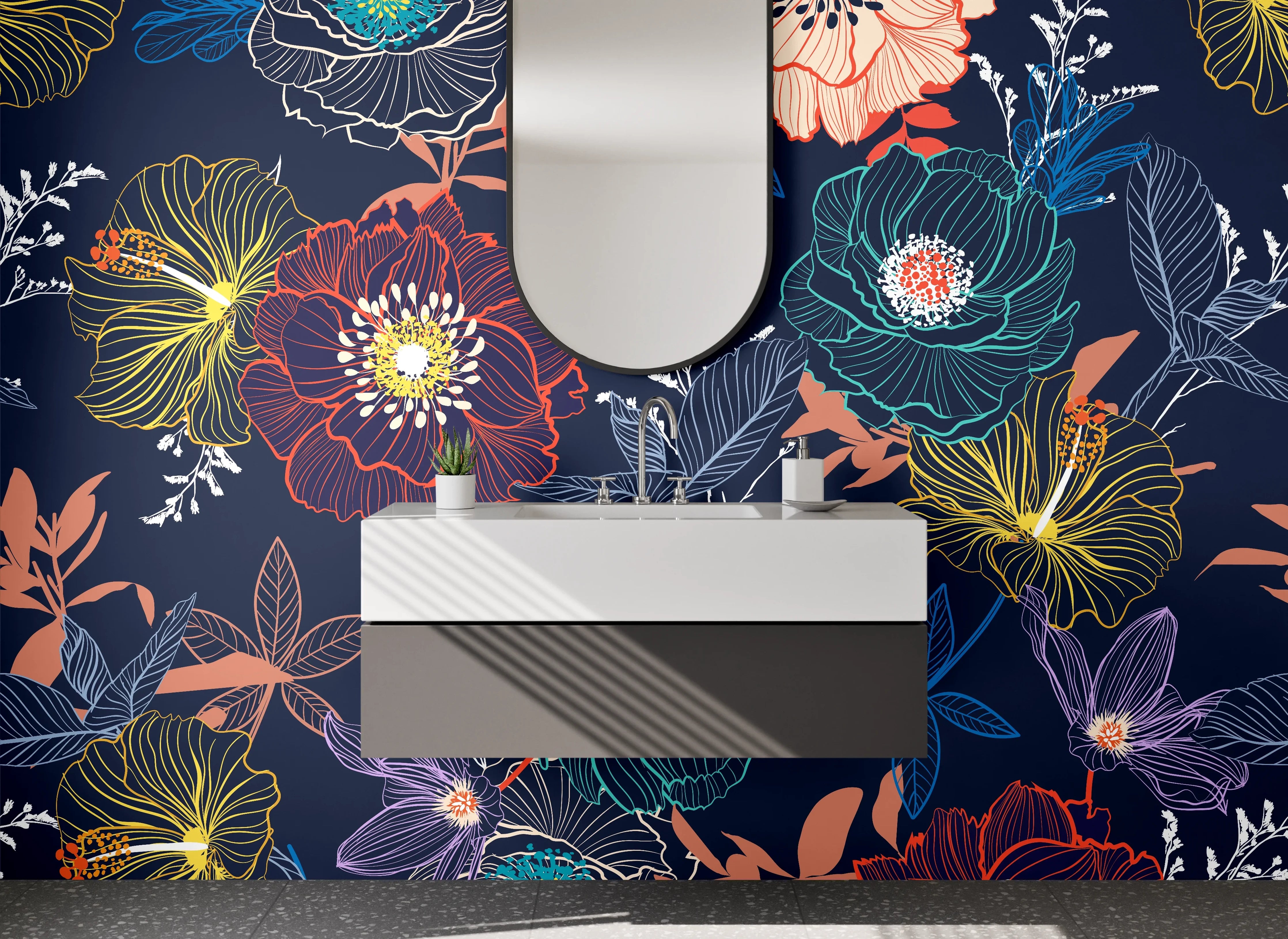 Waschbecken-Rückwand - Florale Vintage-Blumen Illustration Dunkelblau
