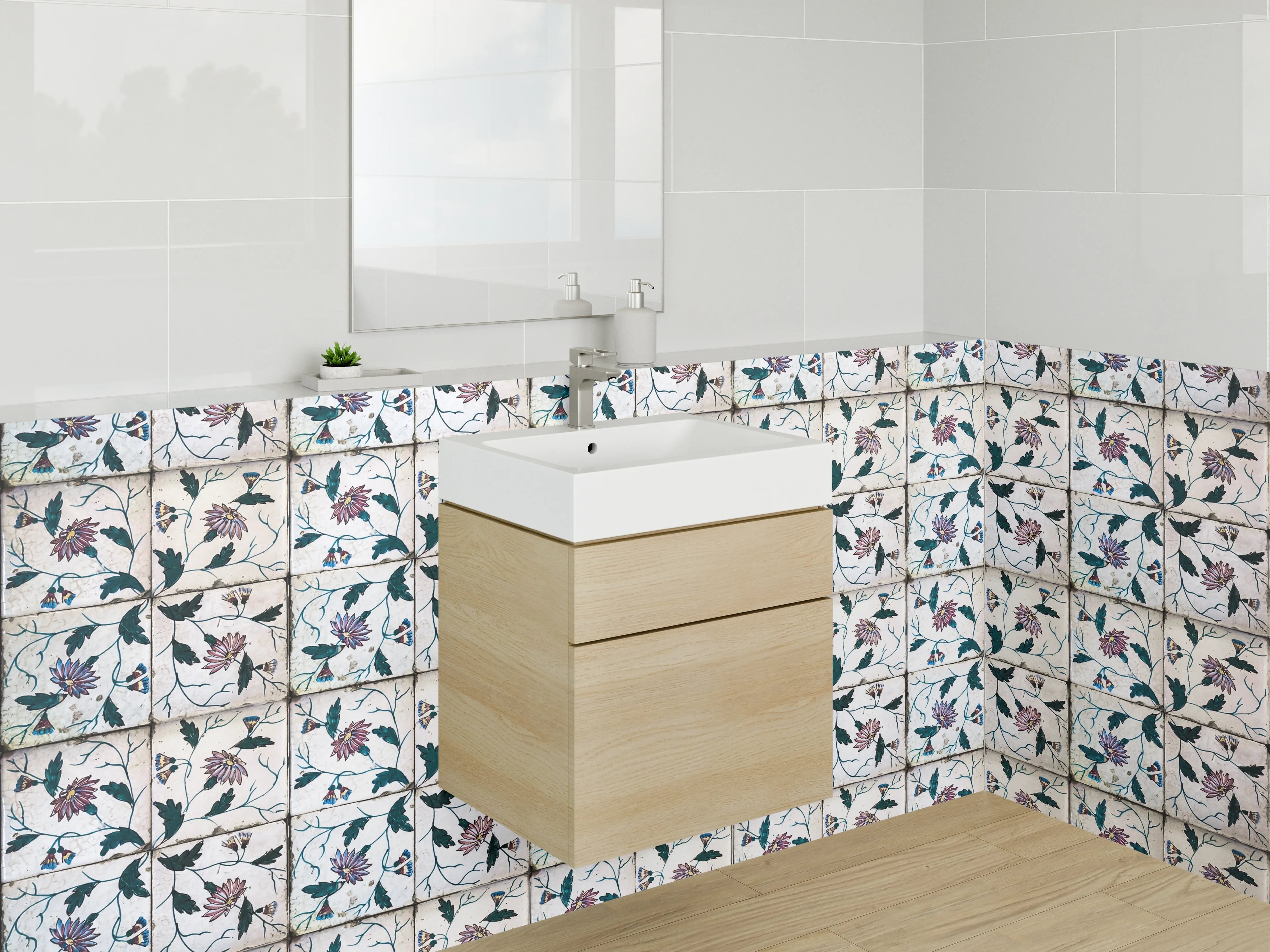 Waschbecken-Rückwand - Florale Vintage Fliesenmuster bunt