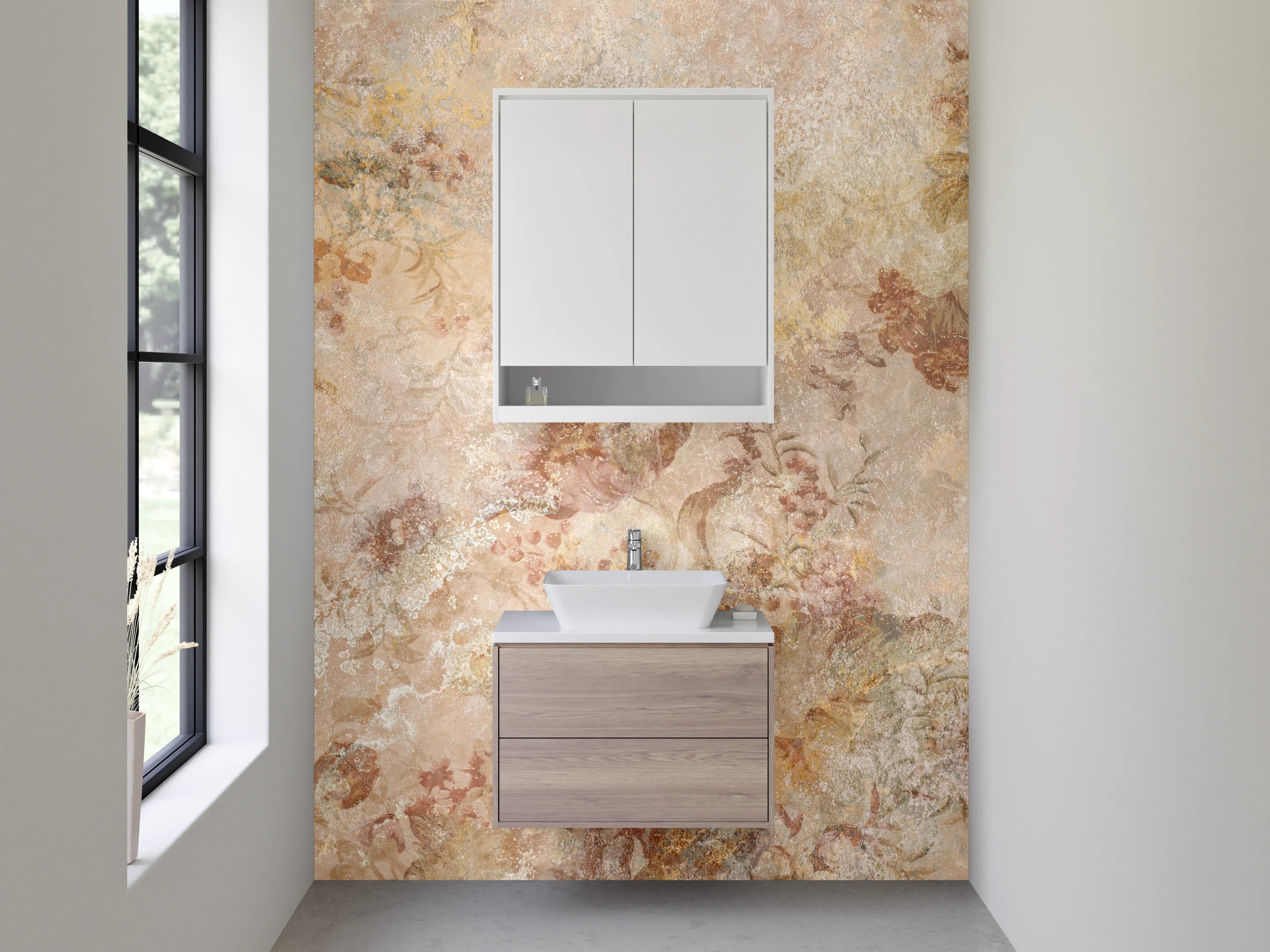 Waschbecken-Rückwand - Florale Vintage-Marmoroptik Beige