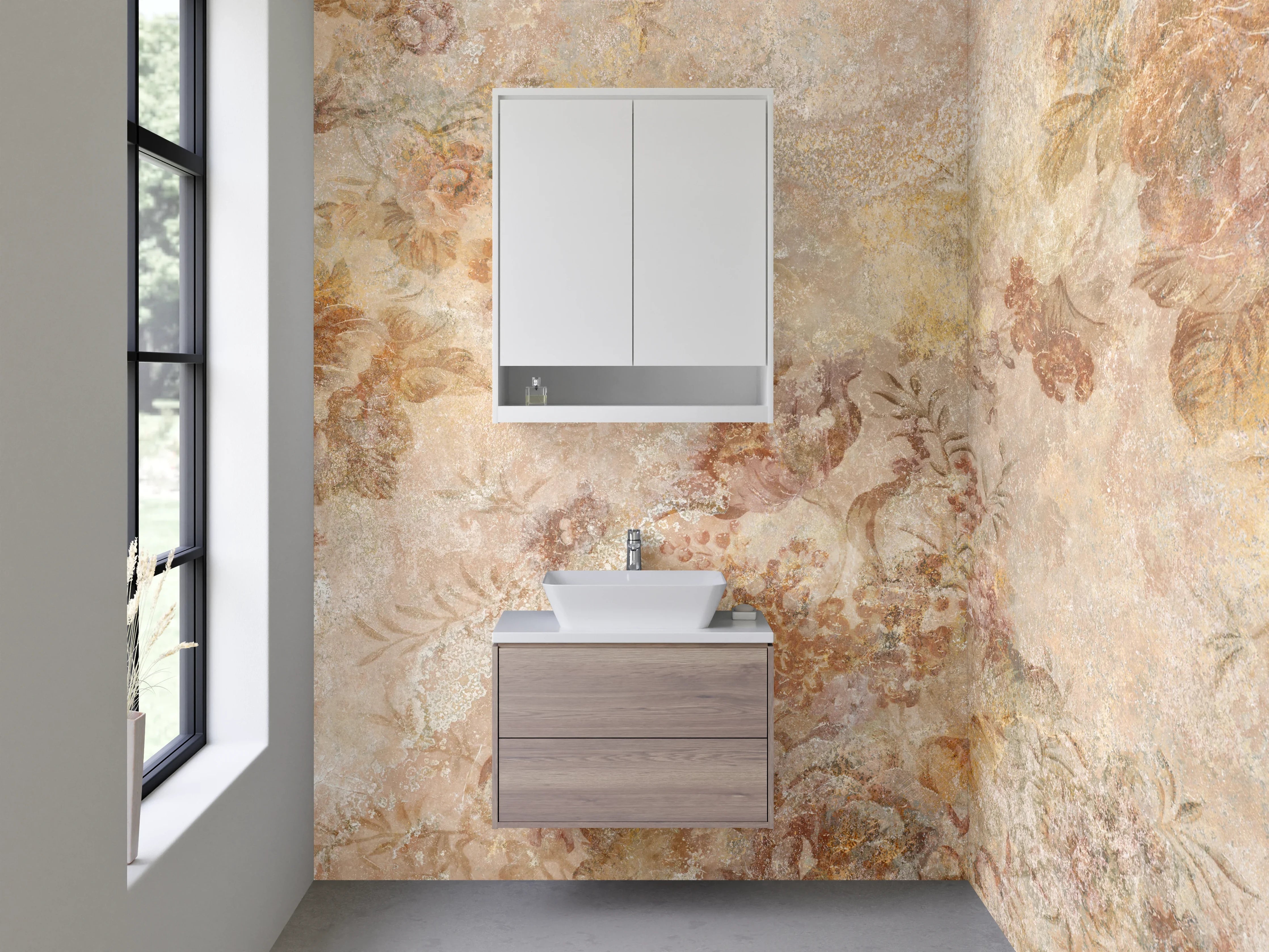Waschbecken-Rückwand - Florale Vintage-Marmoroptik Beige