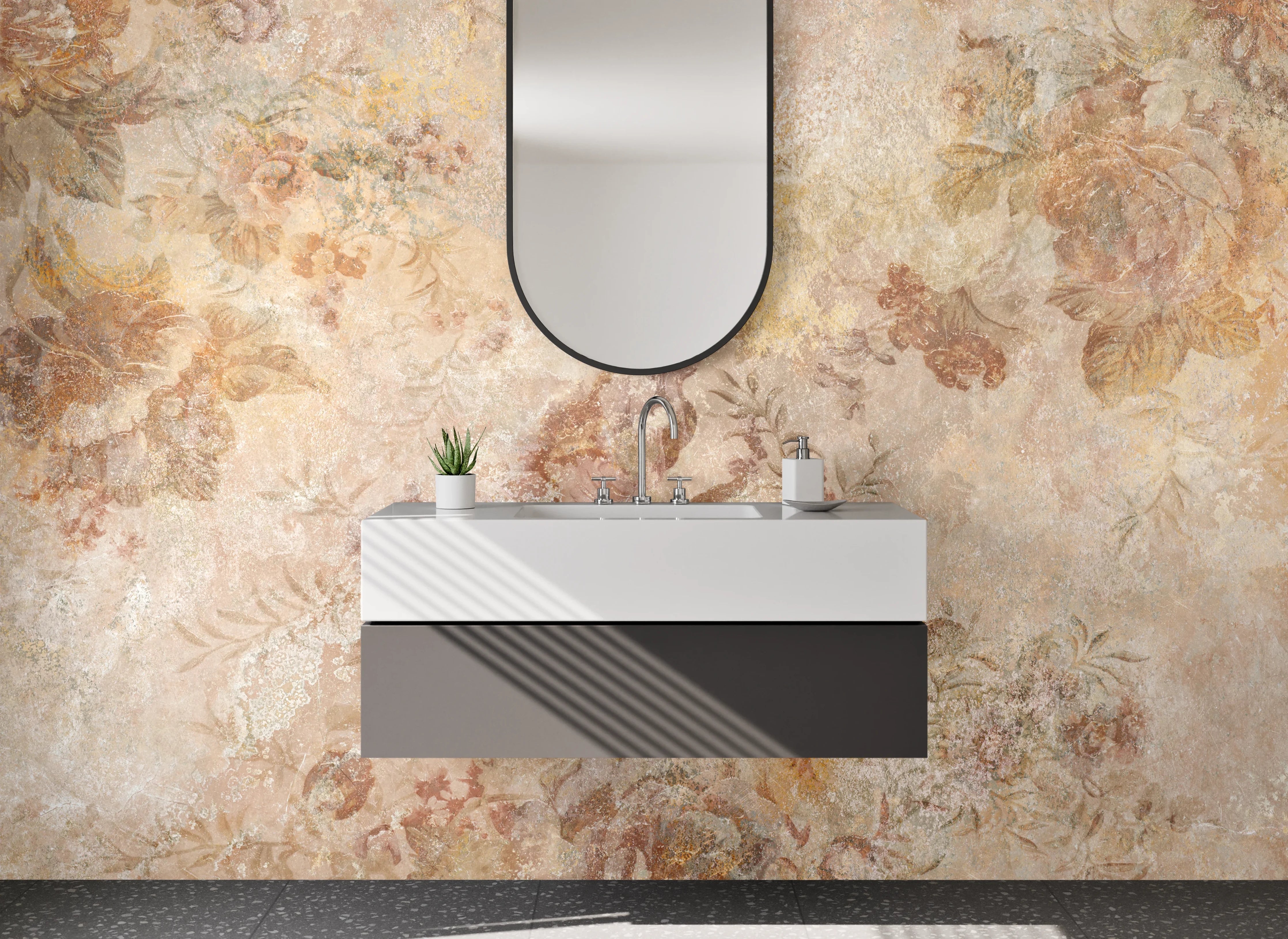 Waschbecken-Rückwand - Florale Vintage-Marmoroptik Beige