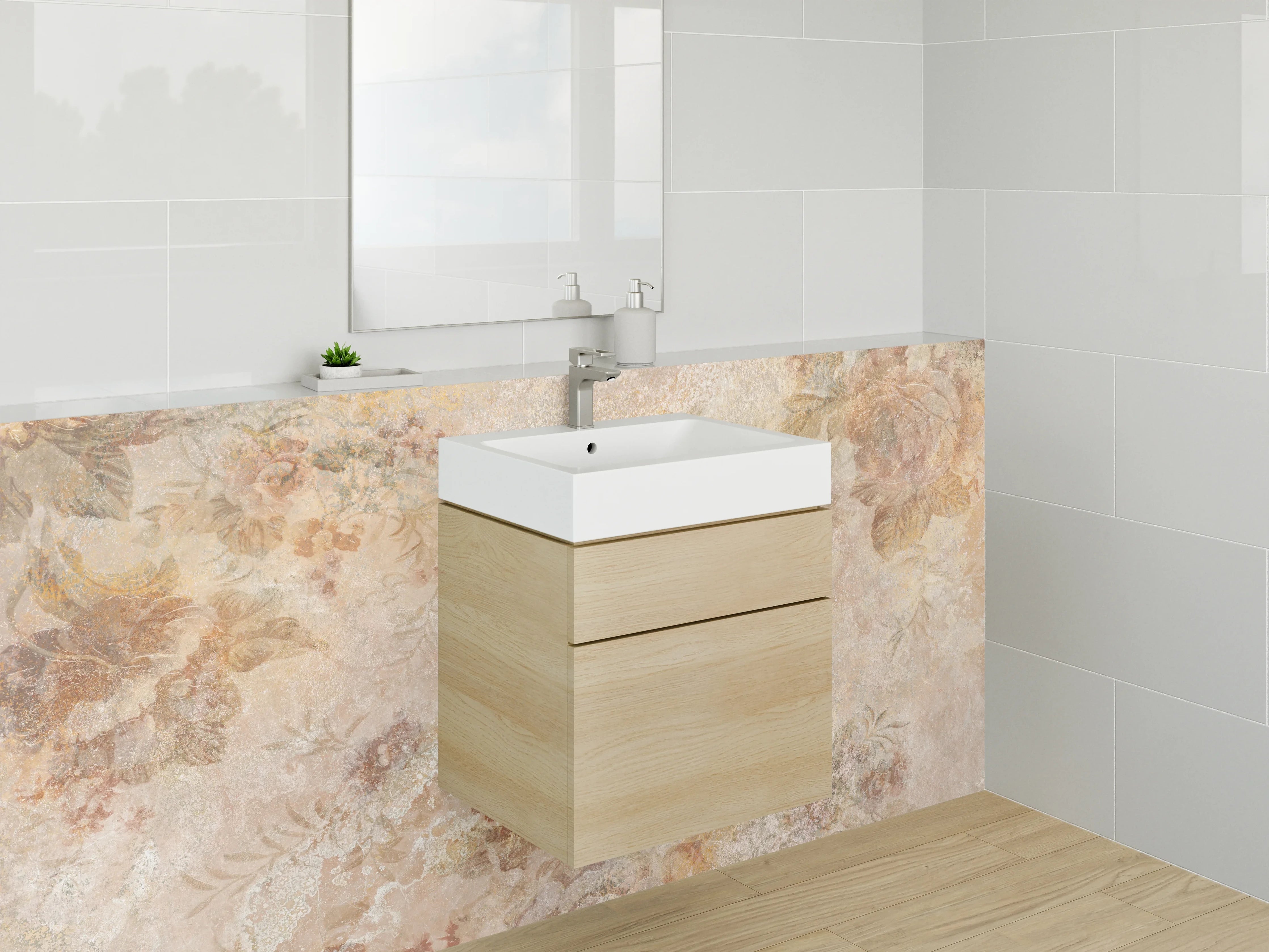 Waschbecken-Rückwand - Florale Vintage-Marmoroptik Beige