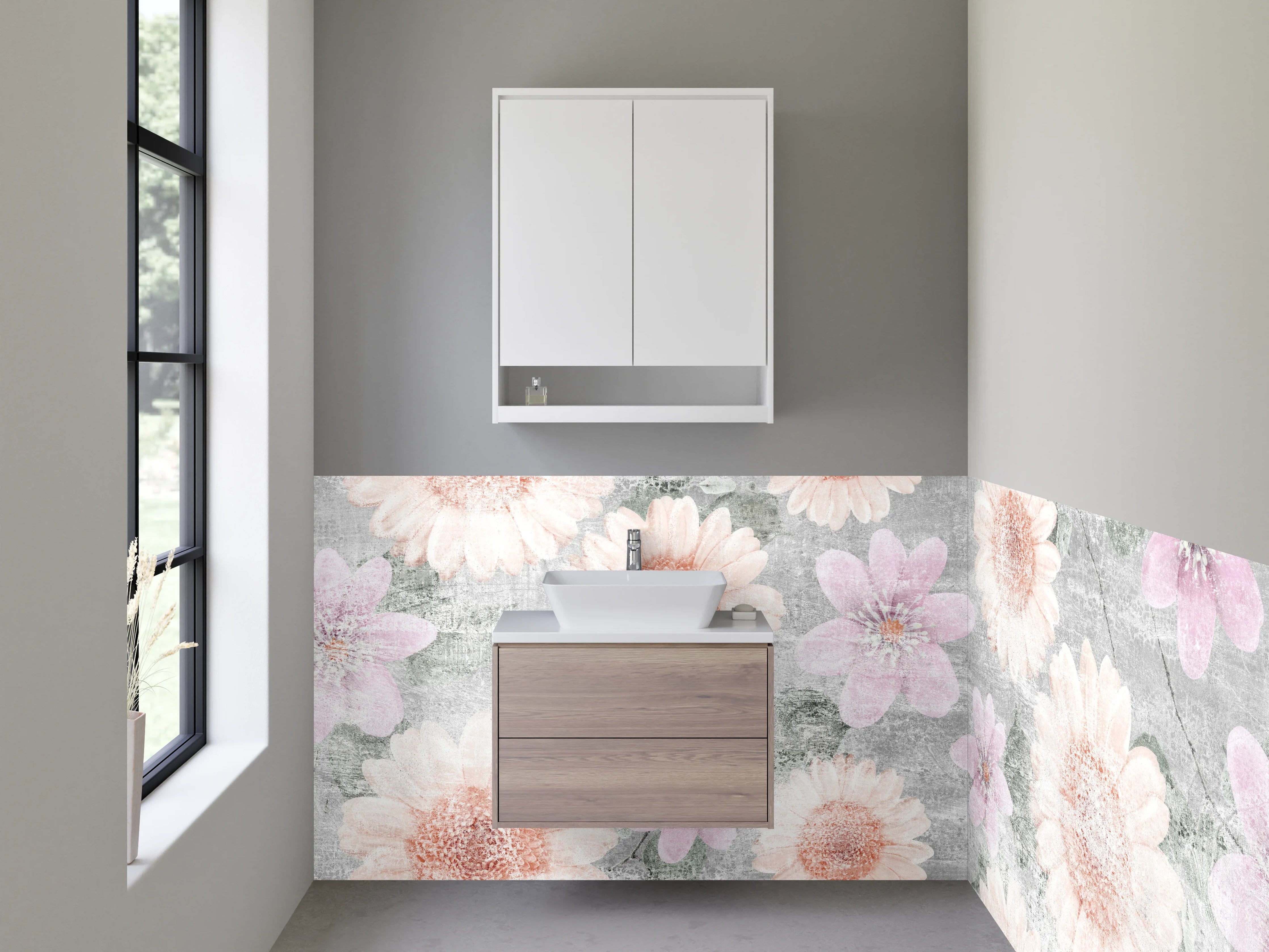 Waschbecken-Rückwand - Florale Vintage-Optik auf Weiß-Grau