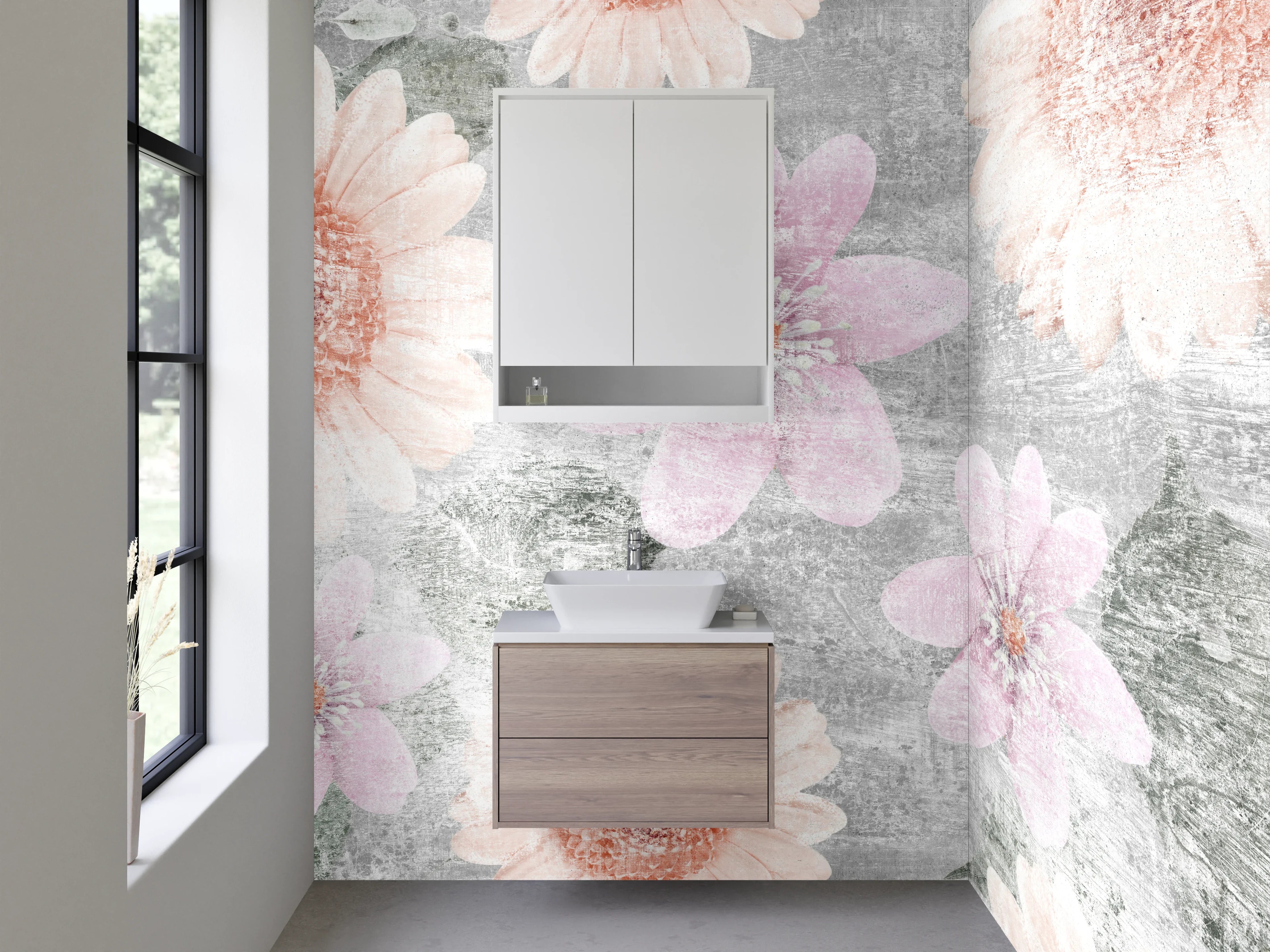Waschbecken-Rückwand - Florale Vintage-Optik auf Weiß-Grau