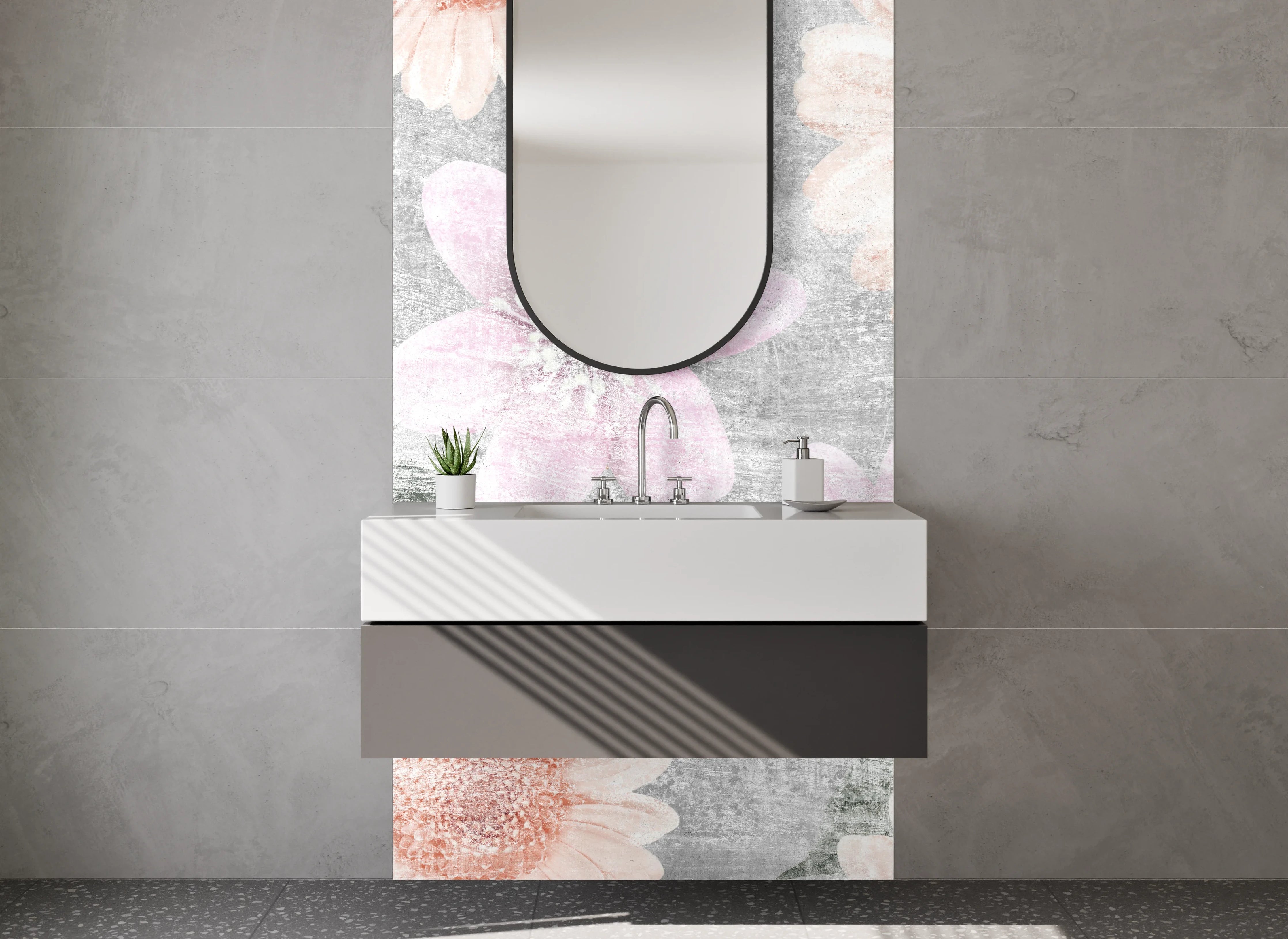 Waschbecken-Rückwand - Florale Vintage-Optik auf Weiß-Grau