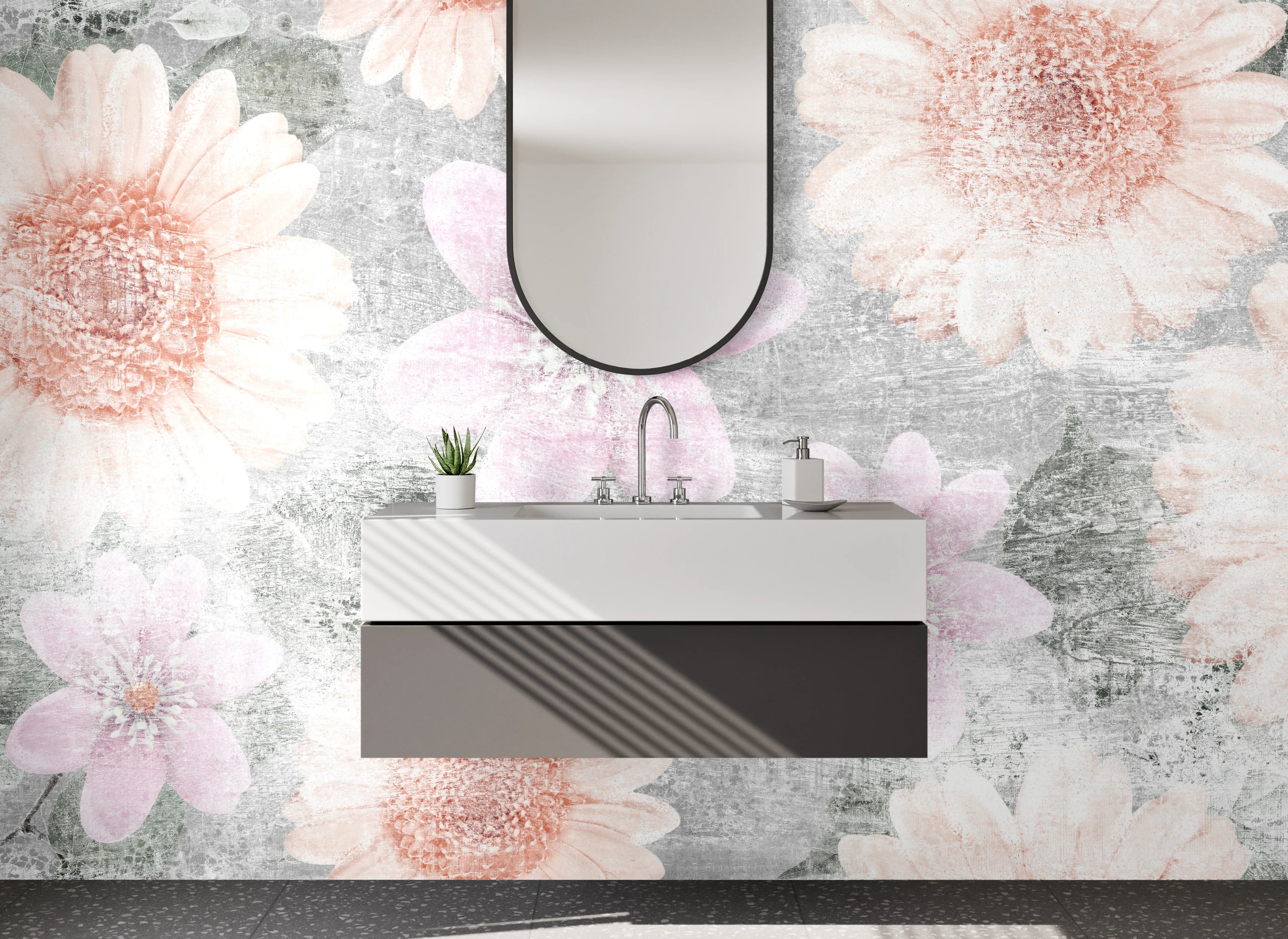 Waschbecken-Rückwand - Florale Vintage-Optik auf Weiß-Grau