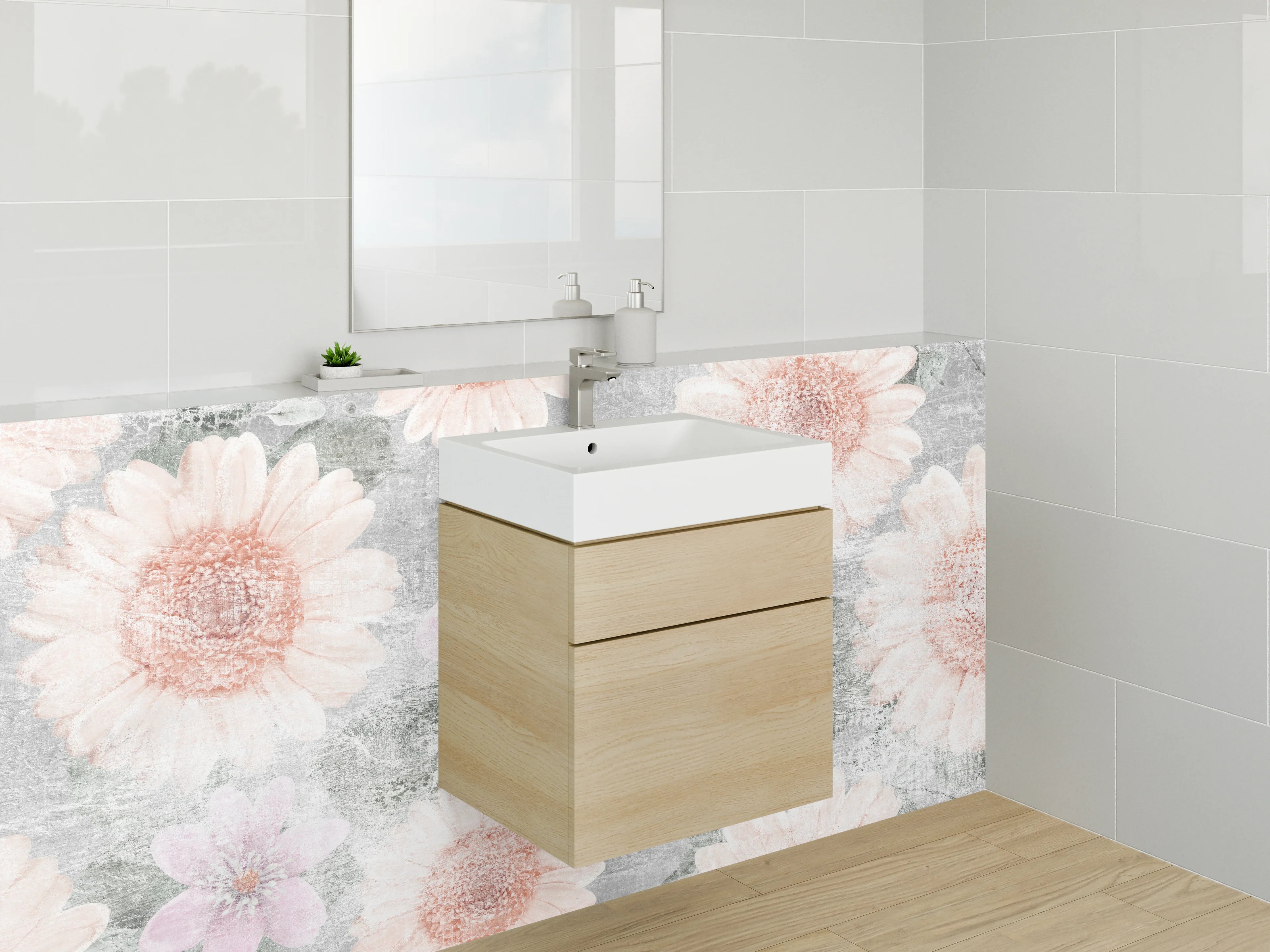 Waschbecken-Rückwand - Florale Vintage-Optik auf Weiß-Grau