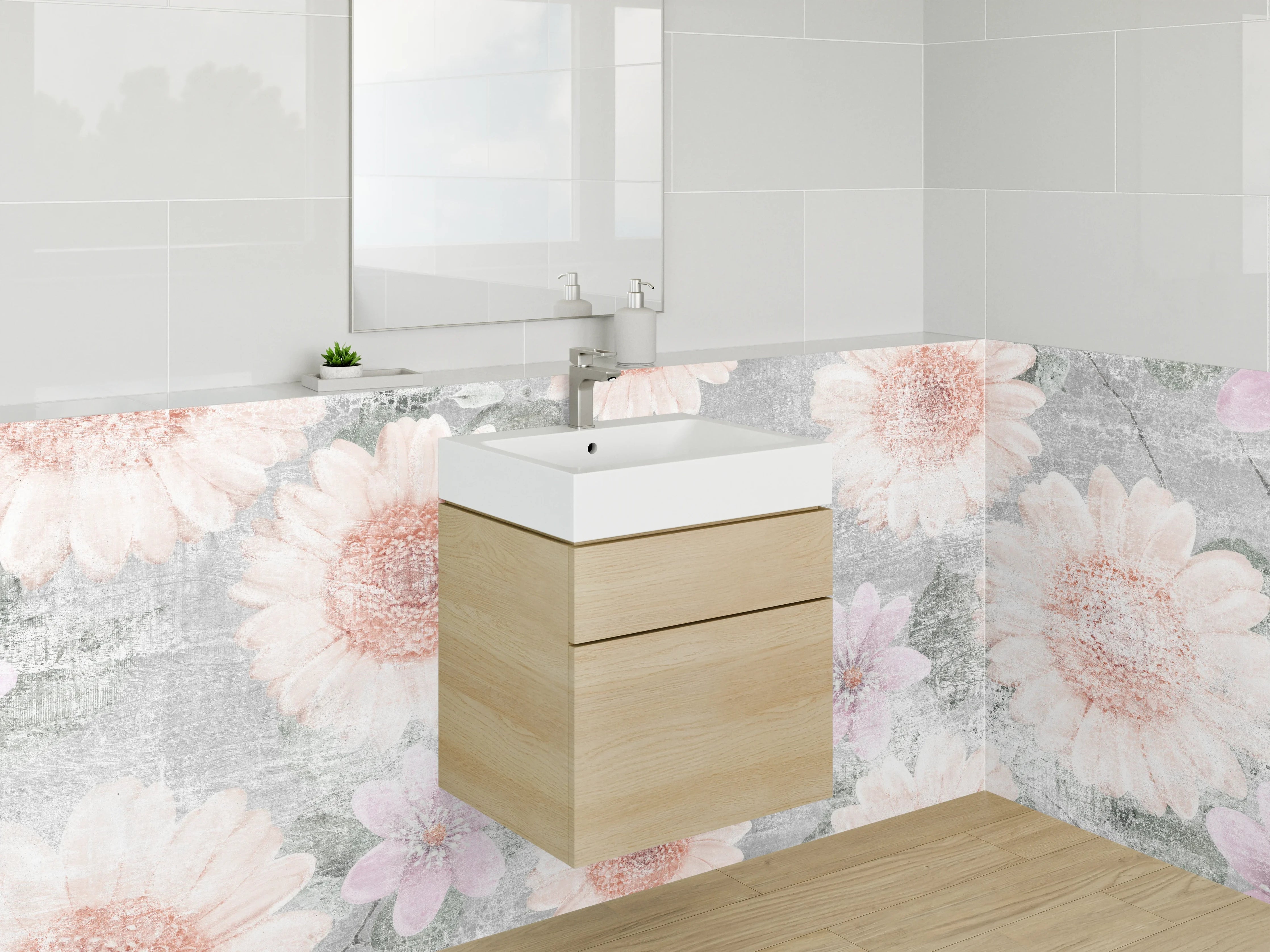 Waschbecken-Rückwand - Florale Vintage-Optik auf Weiß-Grau