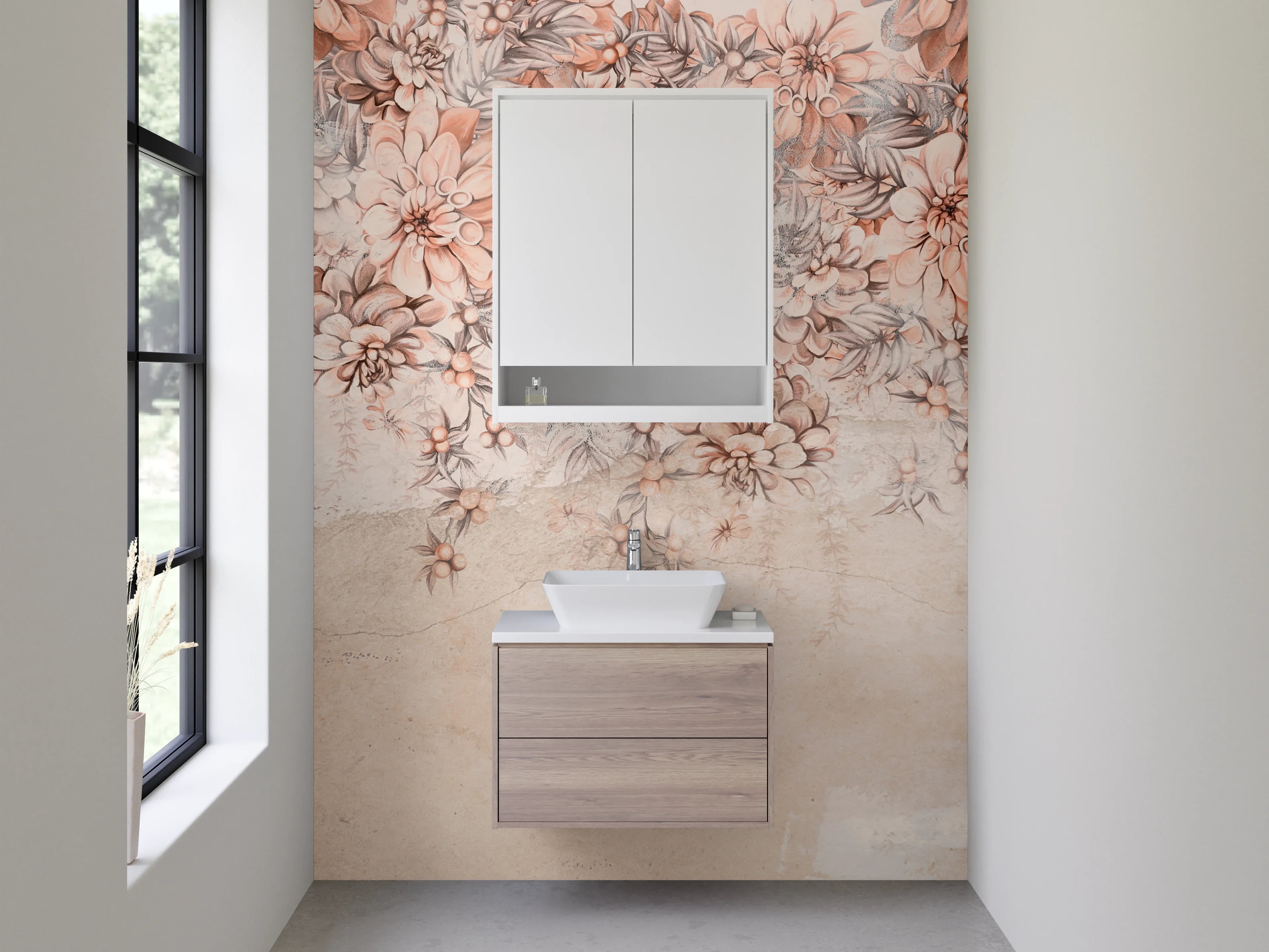 Waschbecken-Rückwand - Florales Aquarell Beige Blüten