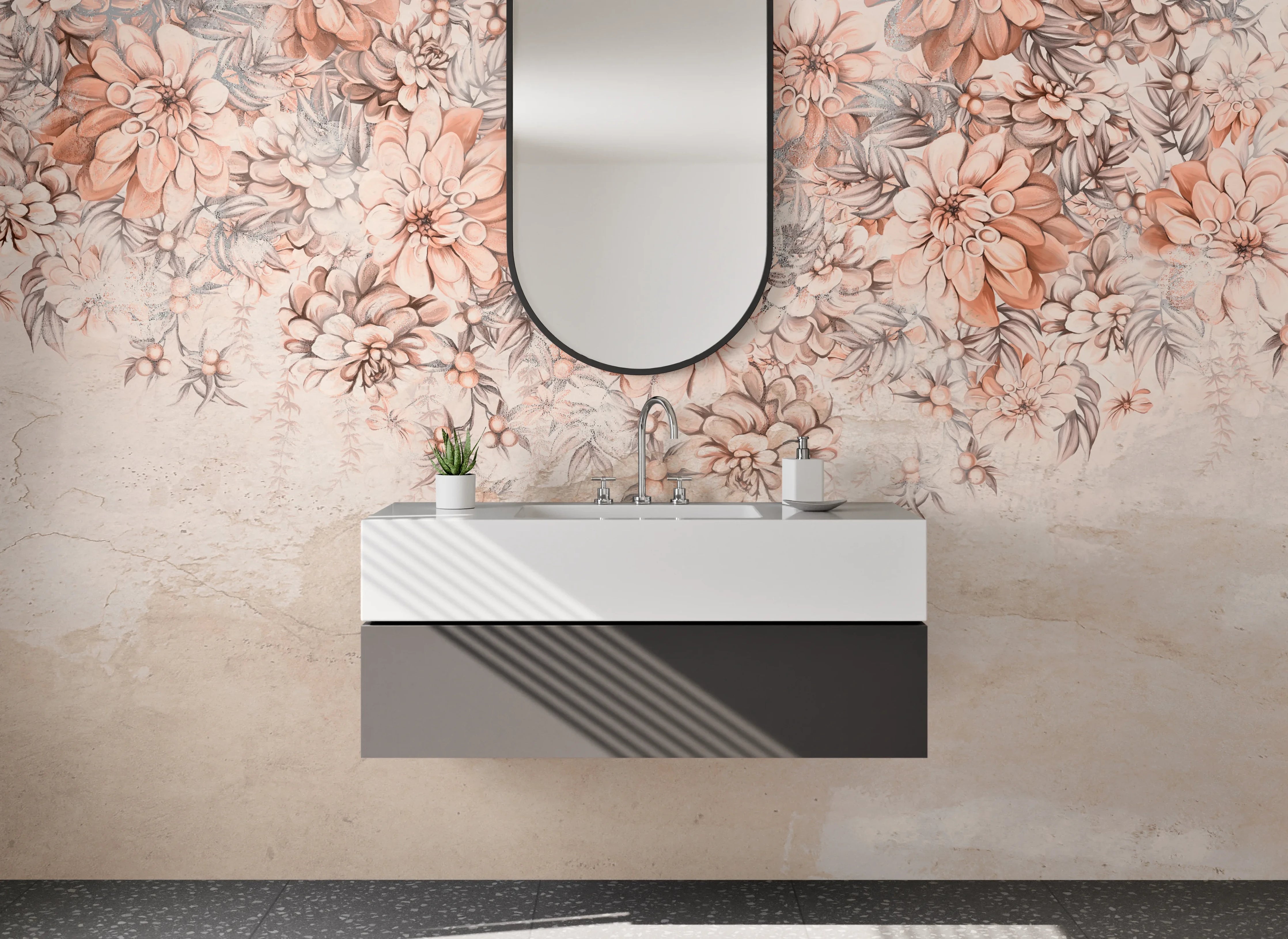 Waschbecken-Rückwand - Florales Aquarell Beige Blüten