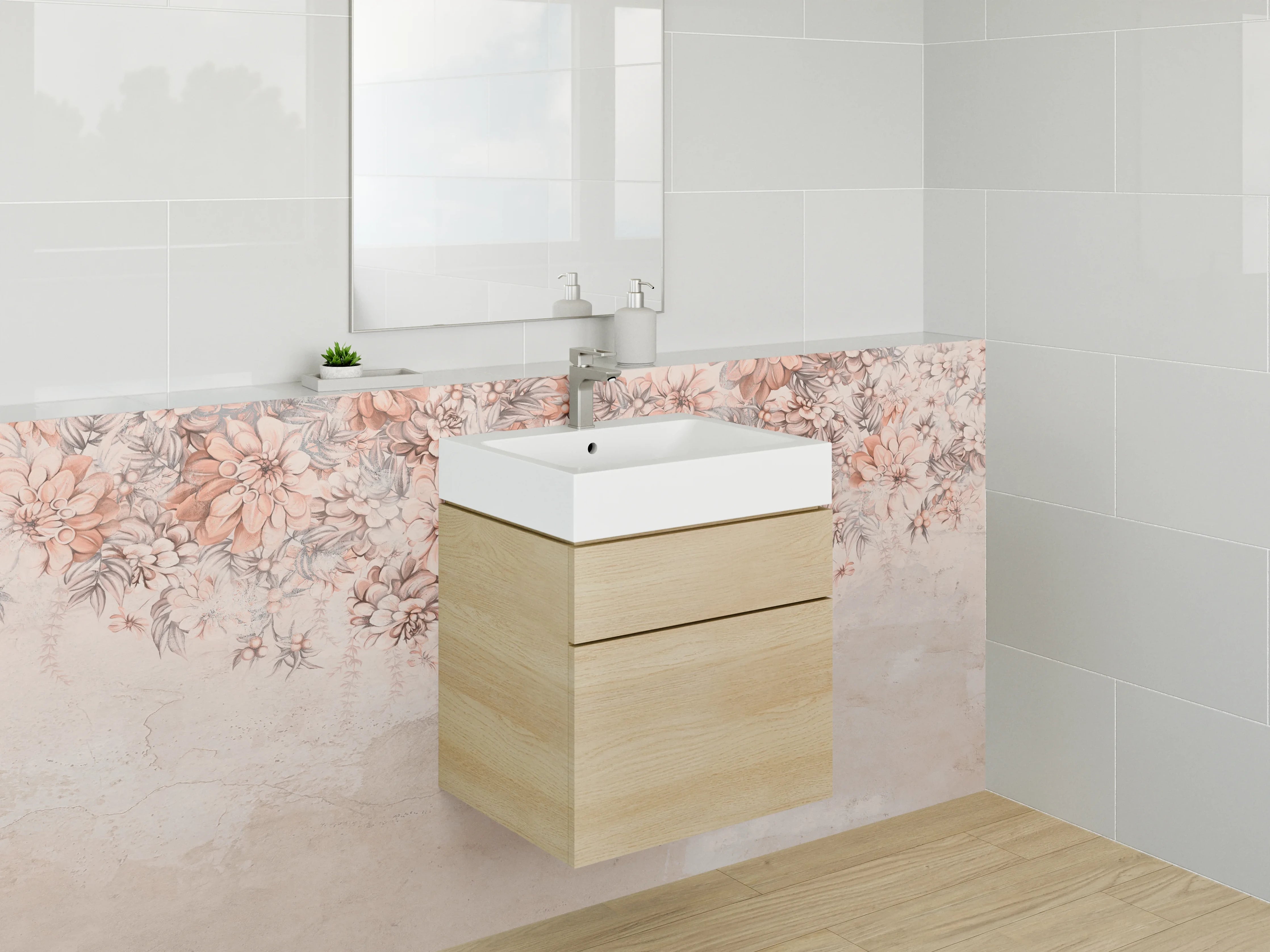 Waschbecken-Rückwand - Florales Aquarell Beige Blüten