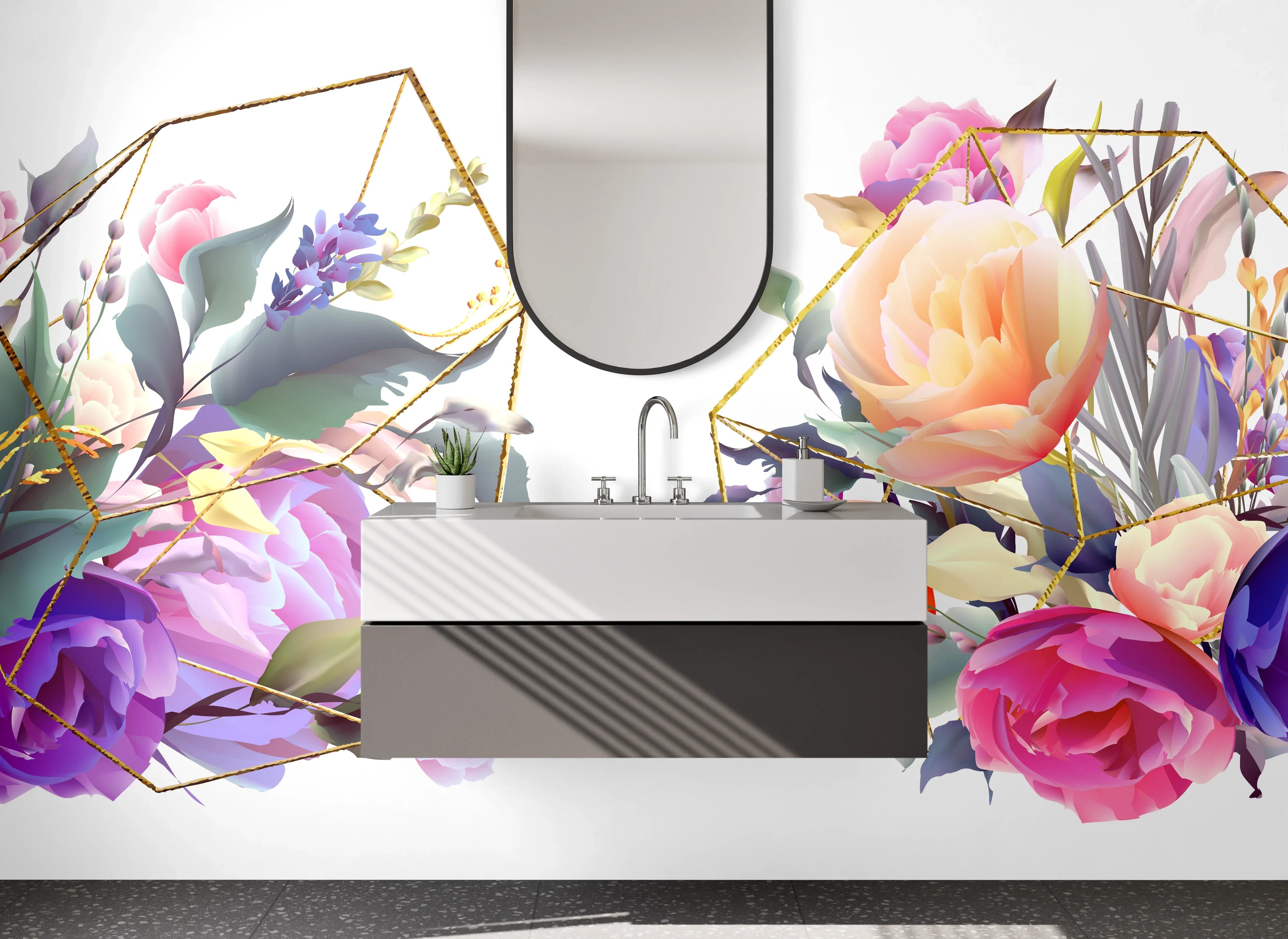 Waschbecken-Rückwand - Florales Aquarell Blumenbouquet Gold Linien