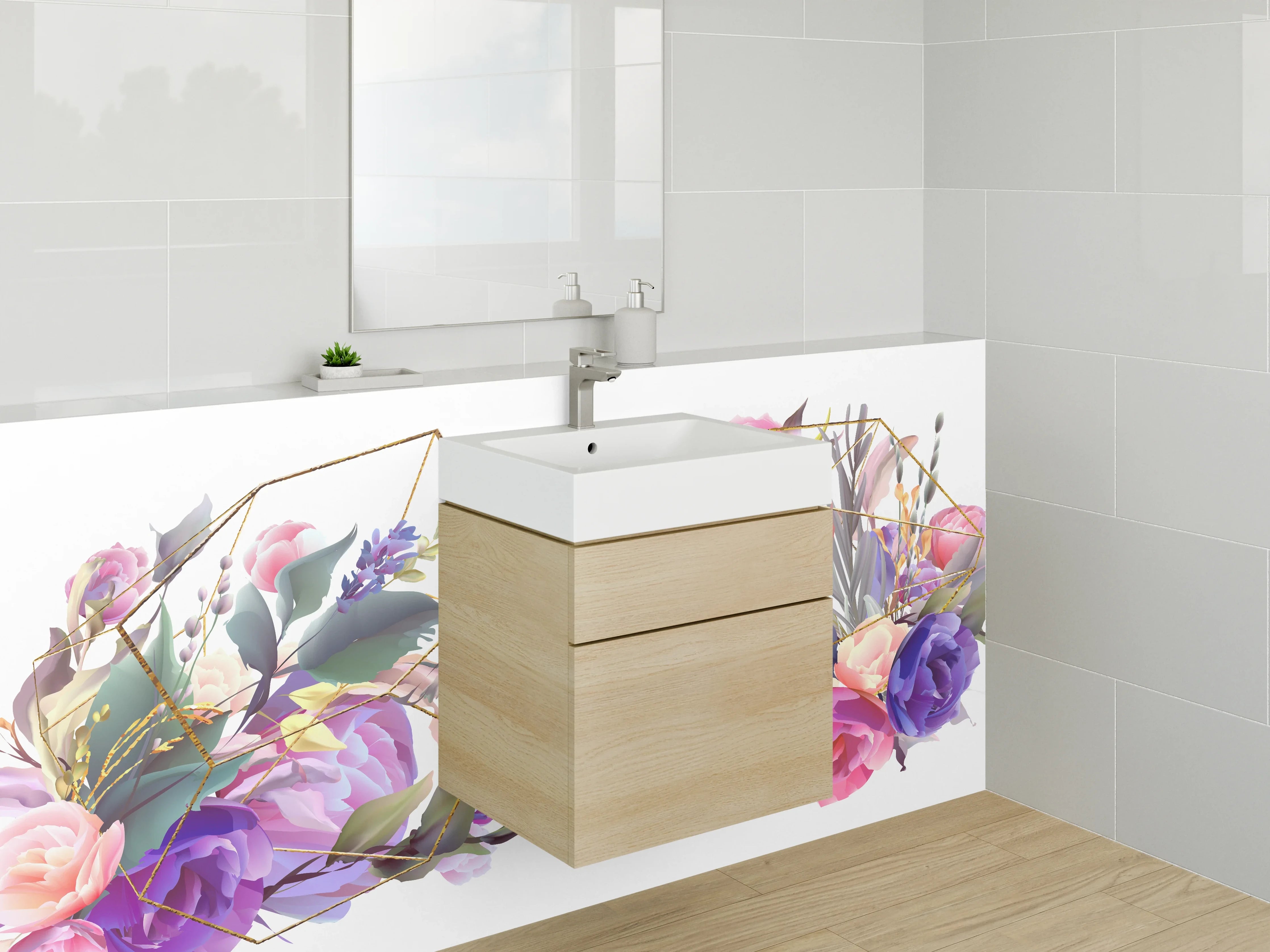 Waschbecken-Rückwand - Florales Aquarell Blumenbouquet Gold Linien