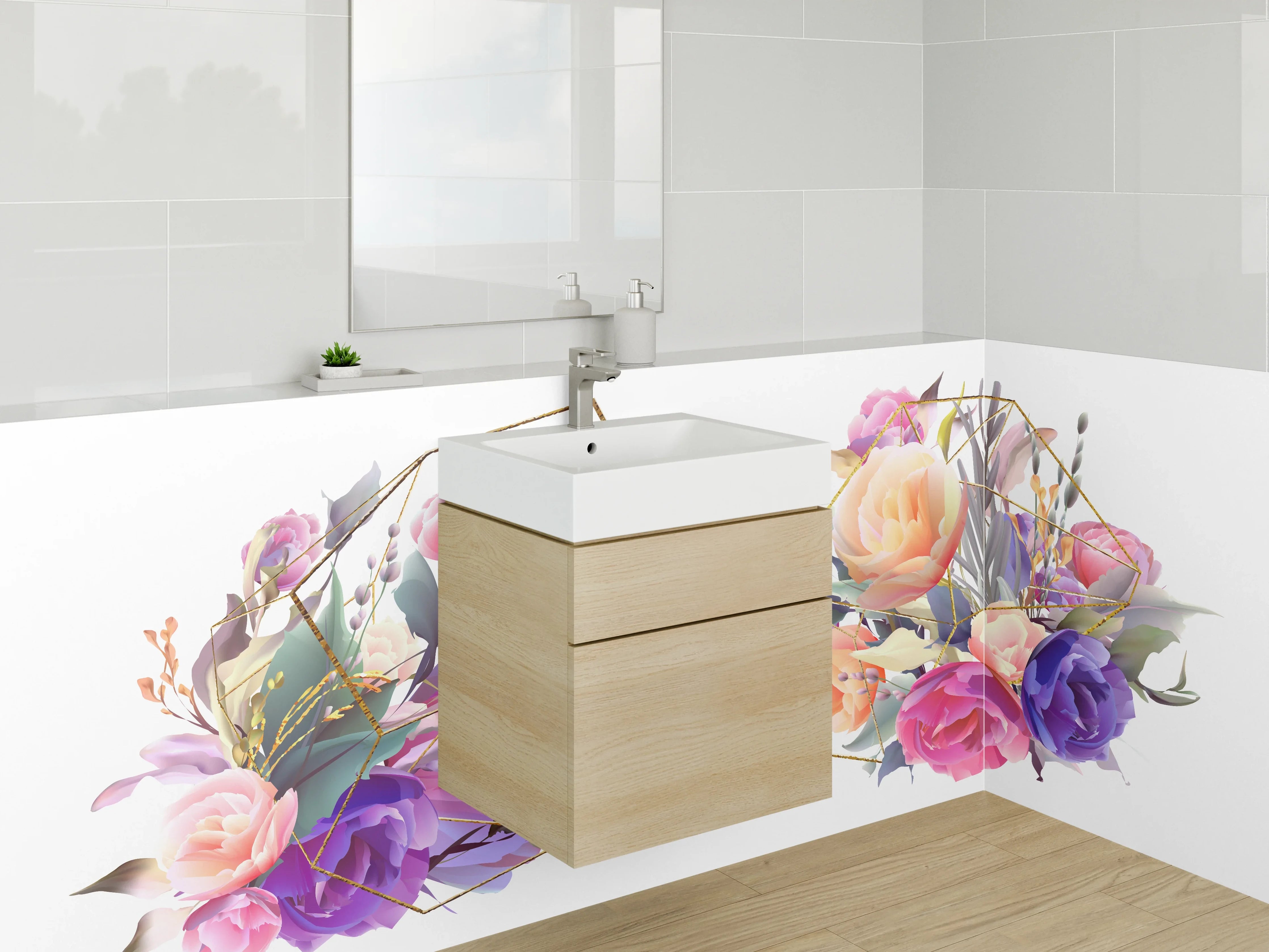 Waschbecken-Rückwand - Florales Aquarell Blumenbouquet Gold Linien