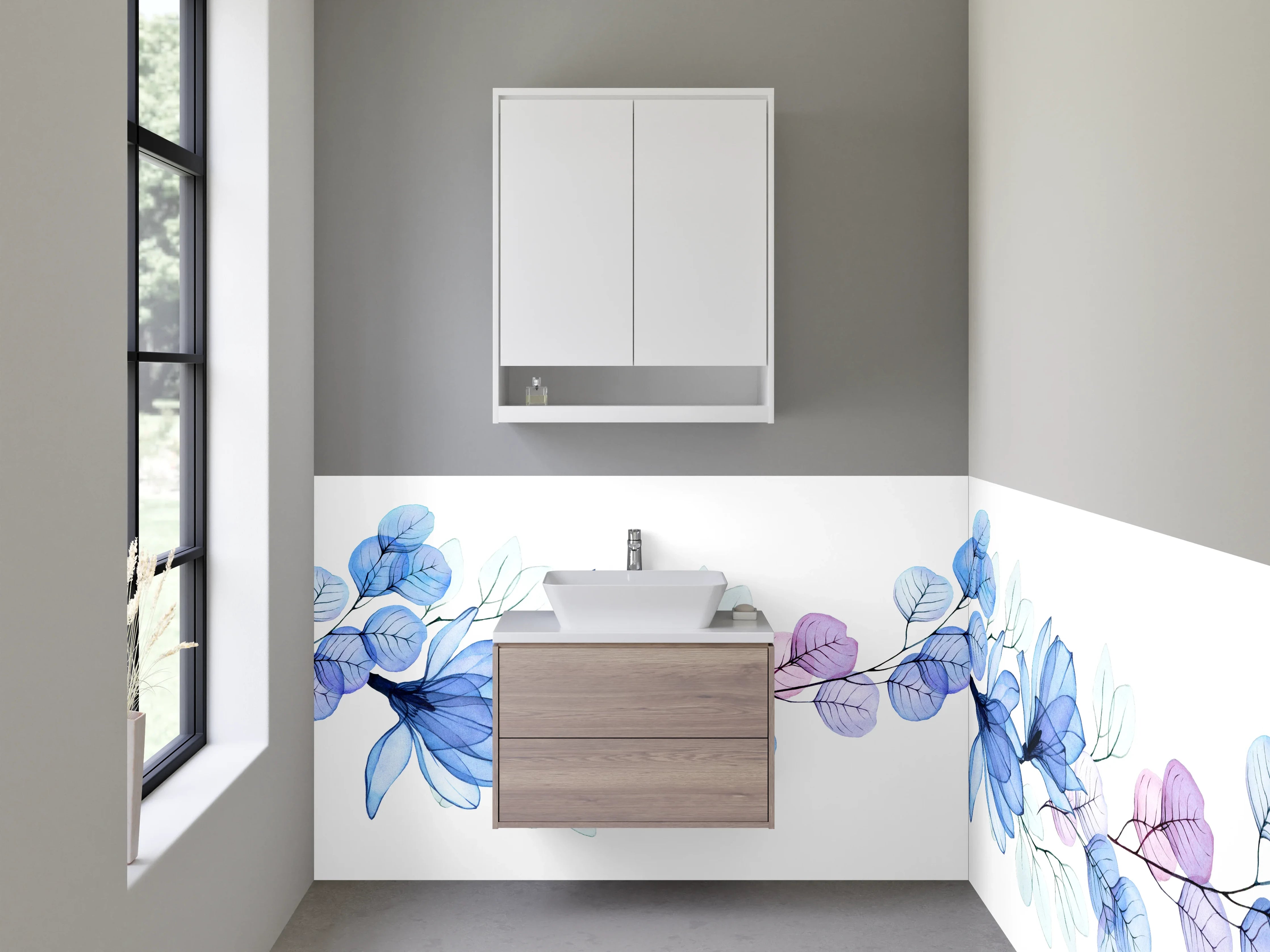Waschbecken-Rückwand - Florales Aquarell Design Blau Lila