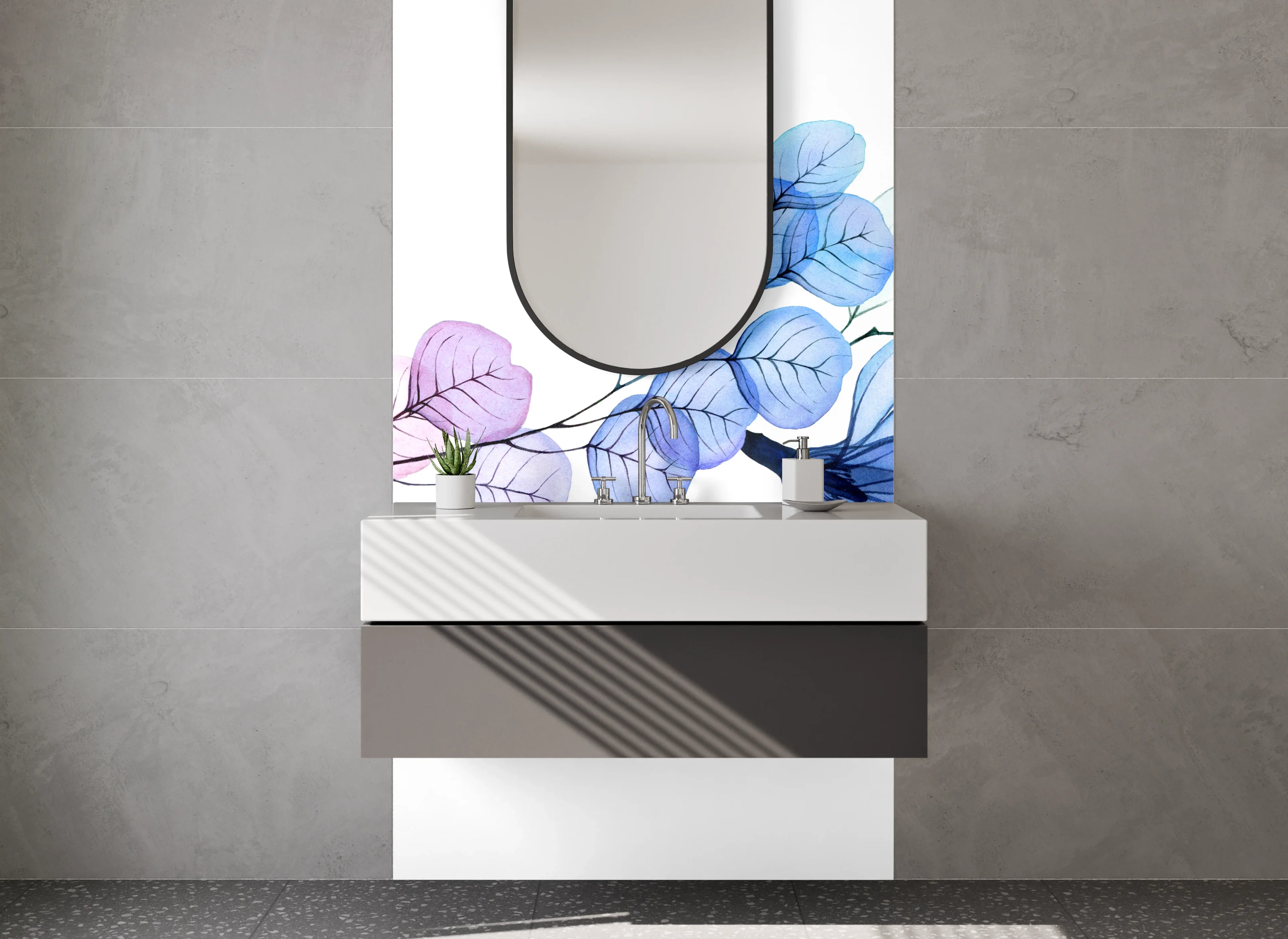 Waschbecken-Rückwand - Florales Aquarell Design Blau Lila