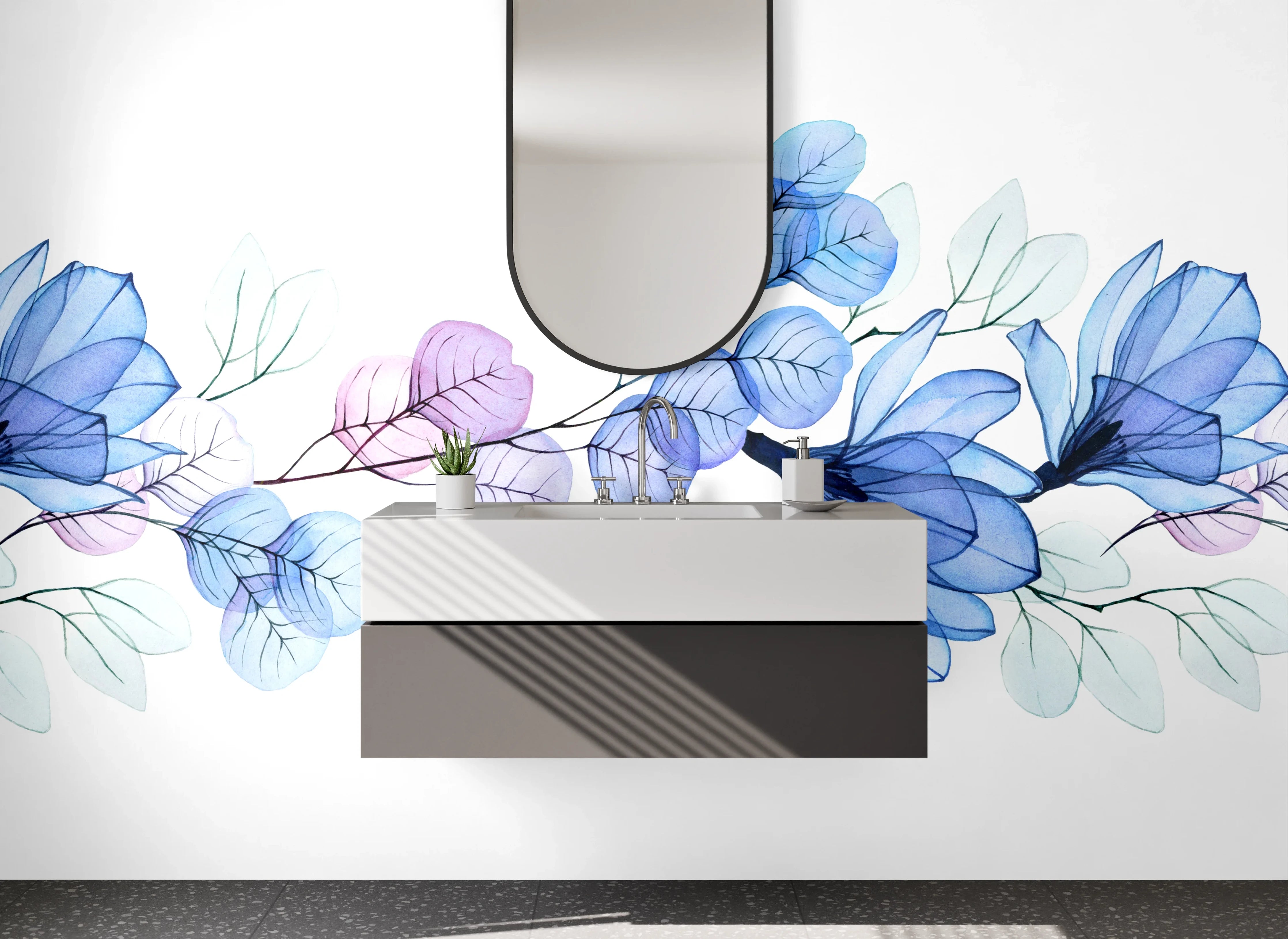 Waschbecken-Rückwand - Florales Aquarell Design Blau Lila