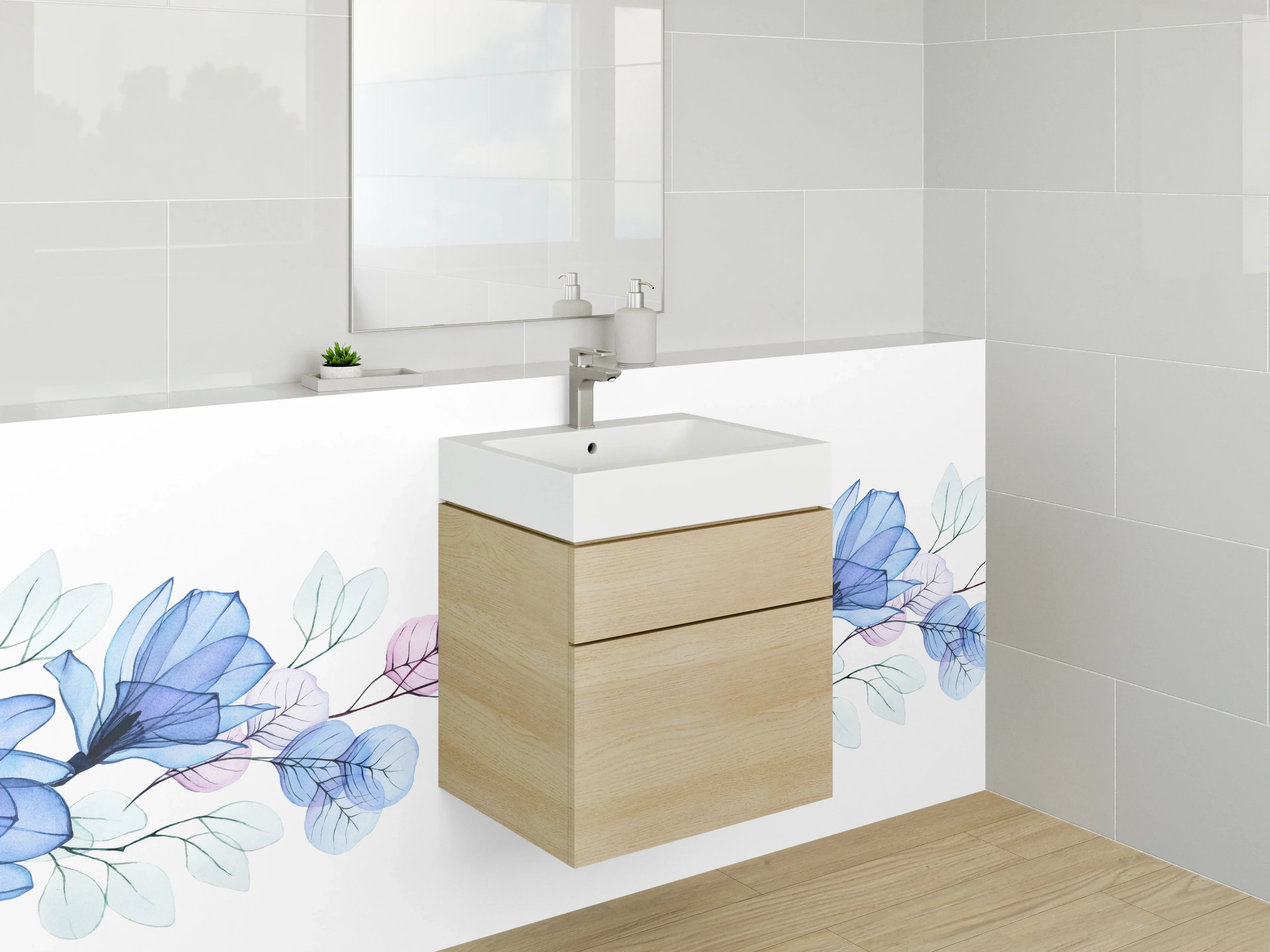Waschbecken-Rückwand - Florales Aquarell Design Blau Lila