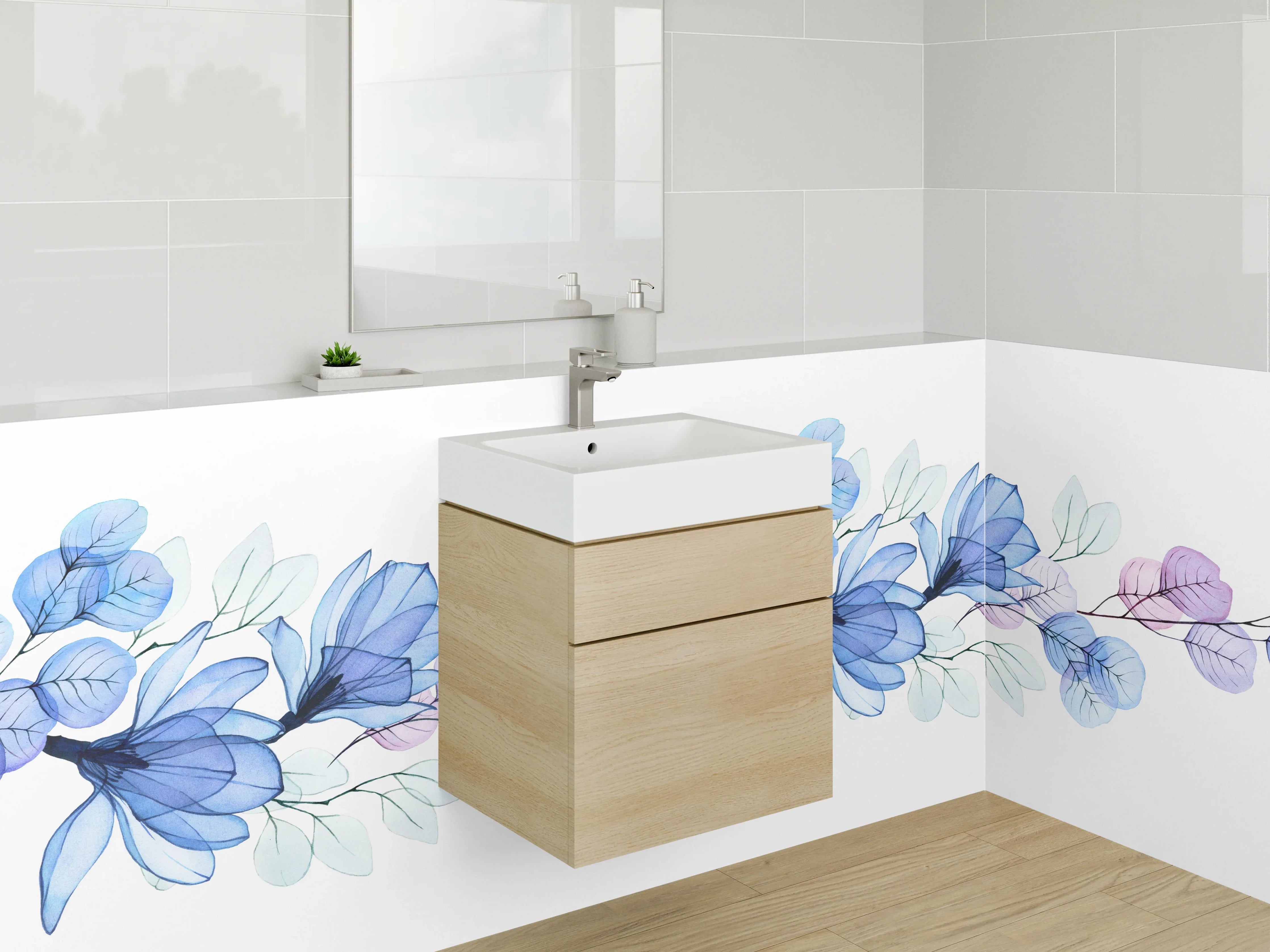Waschbecken-Rückwand - Florales Aquarell Design Blau Lila