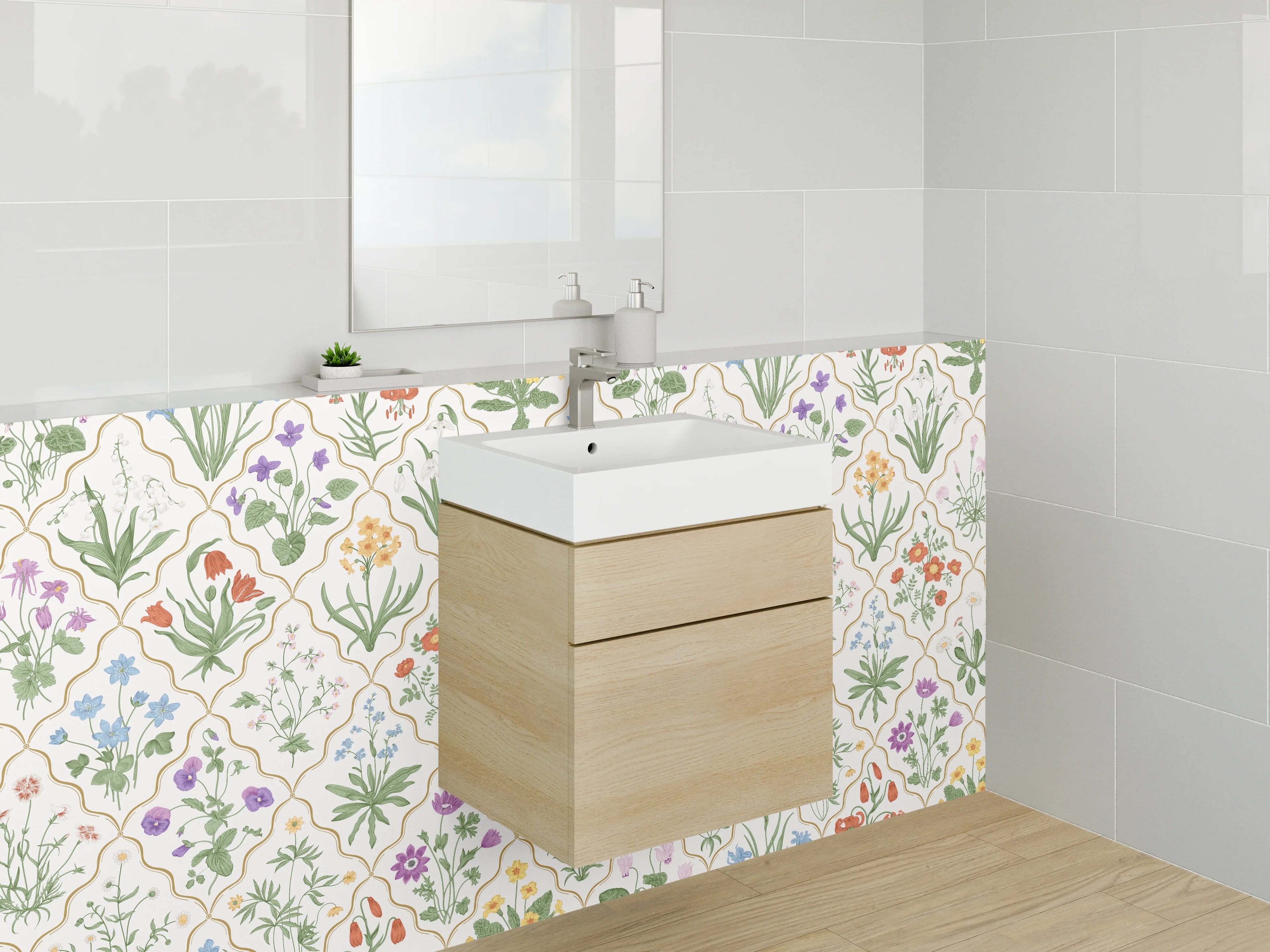 Waschbecken-Rückwand - Florales Aquarell Muster mehrfarbig