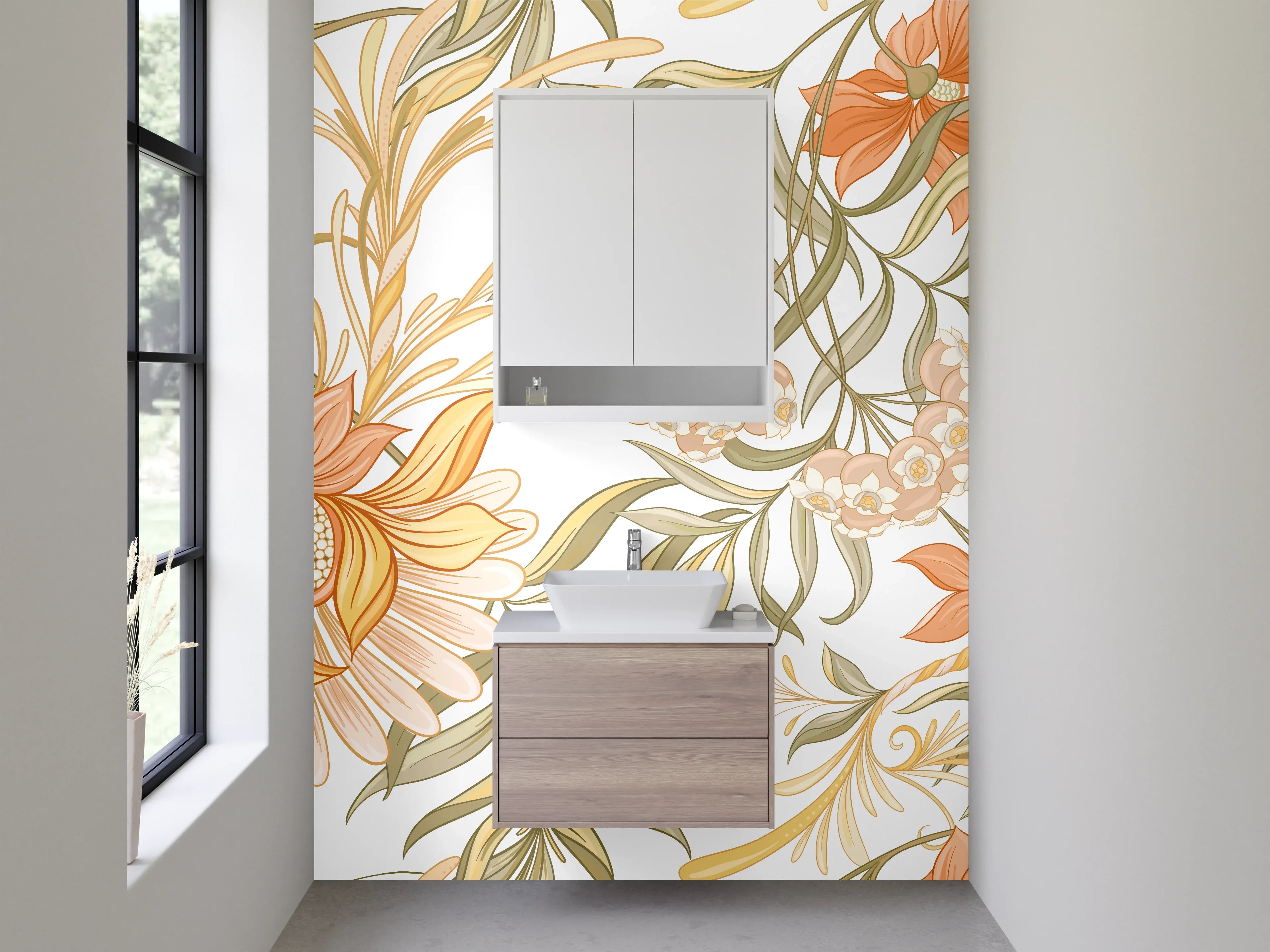 Waschbecken-Rückwand - Florales Aquarell Ornament Beige Orange