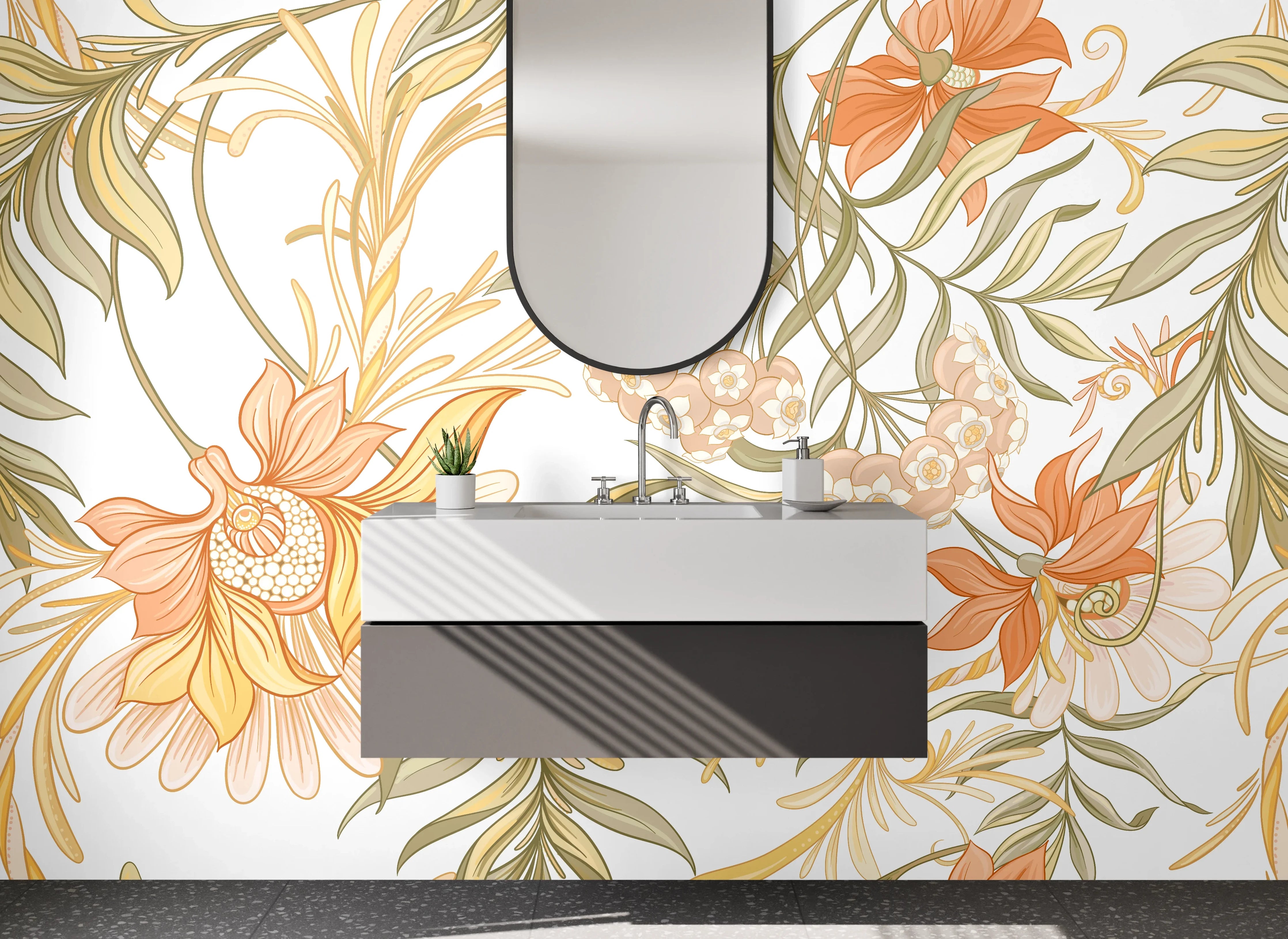 Waschbecken-Rückwand - Florales Aquarell Ornament Beige Orange