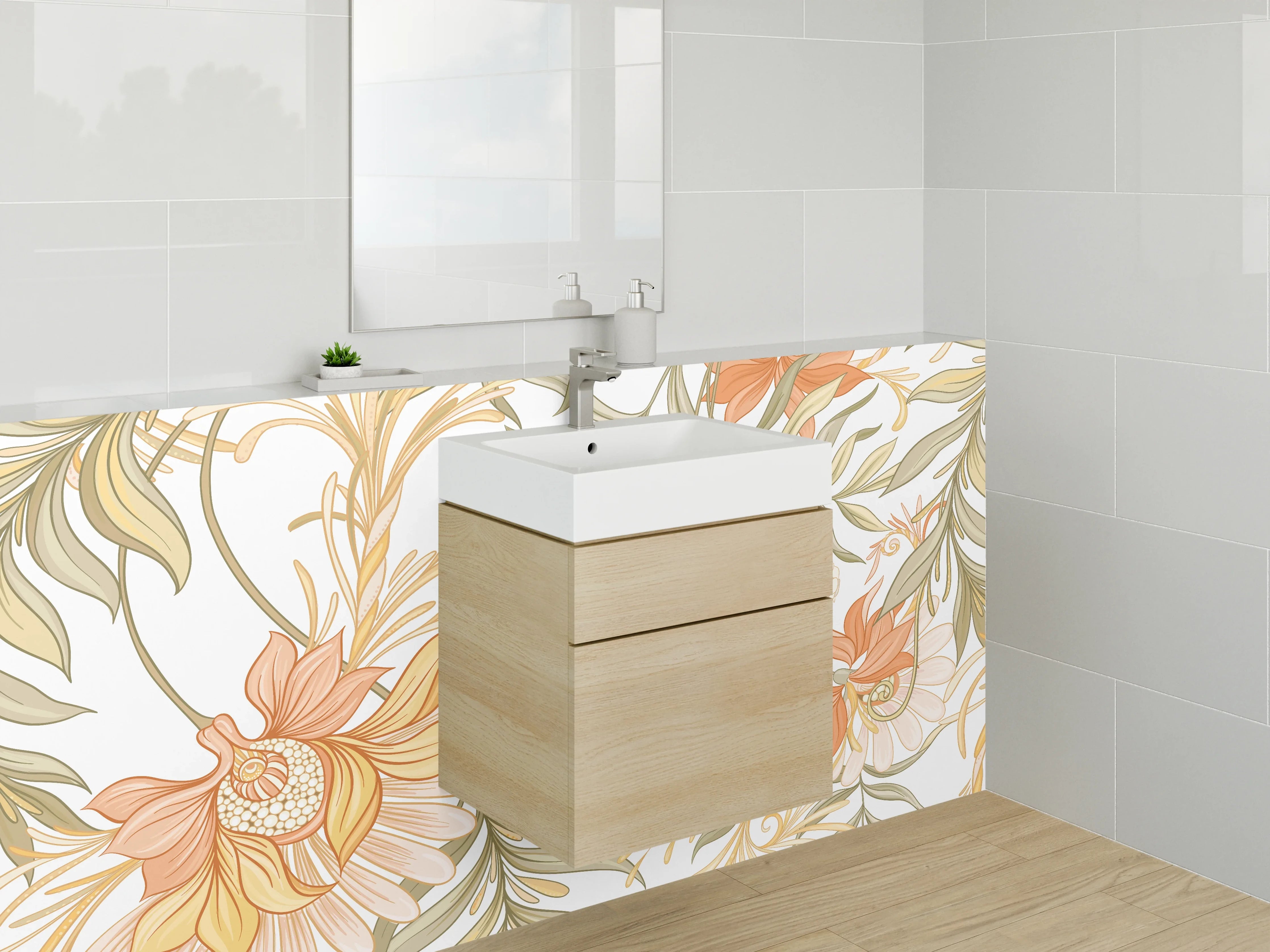 Waschbecken-Rückwand - Florales Aquarell Ornament Beige Orange