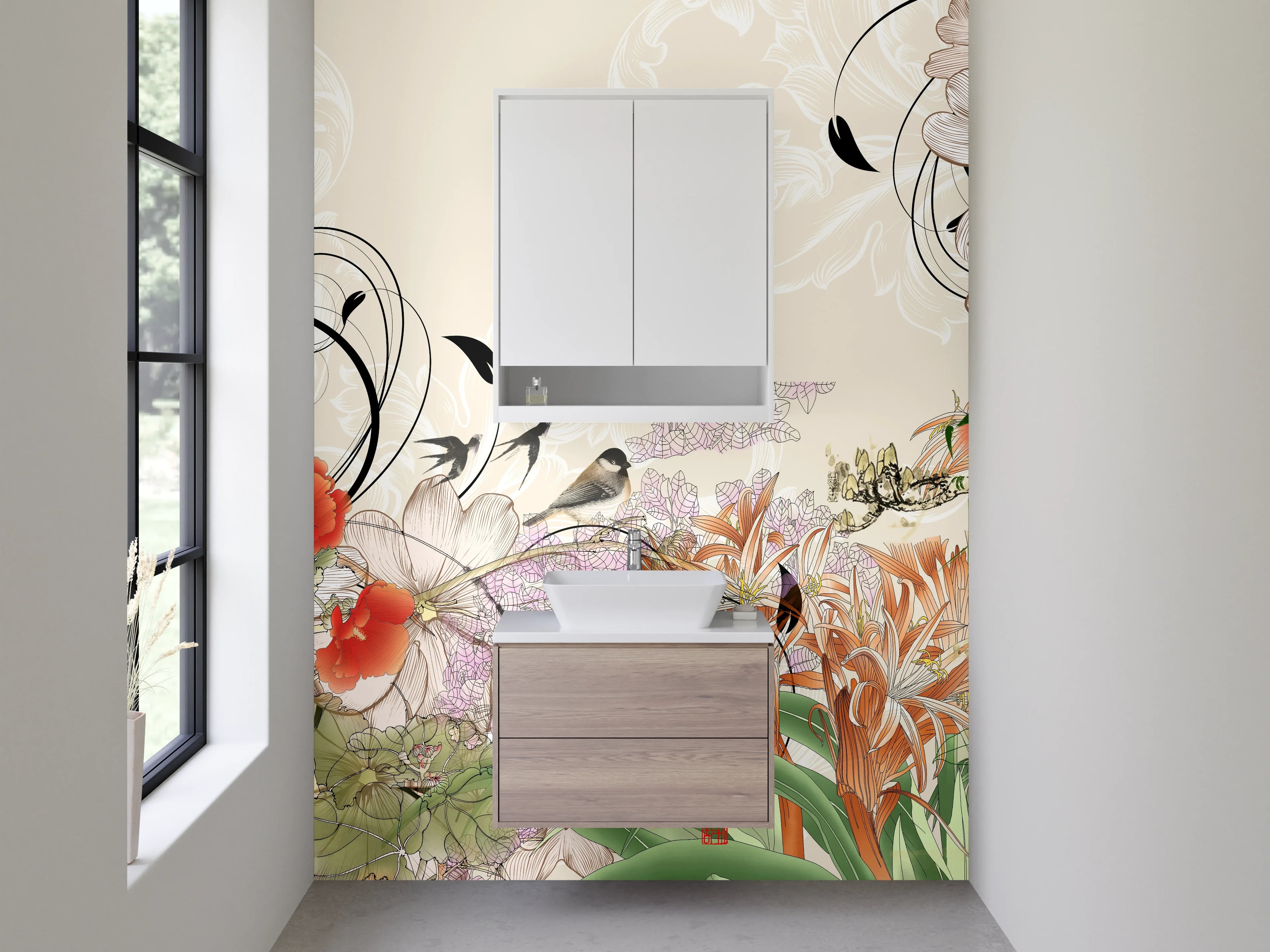 Waschbecken-Rückwand - Florales Aquarell mit Vogel – Pastellfarben