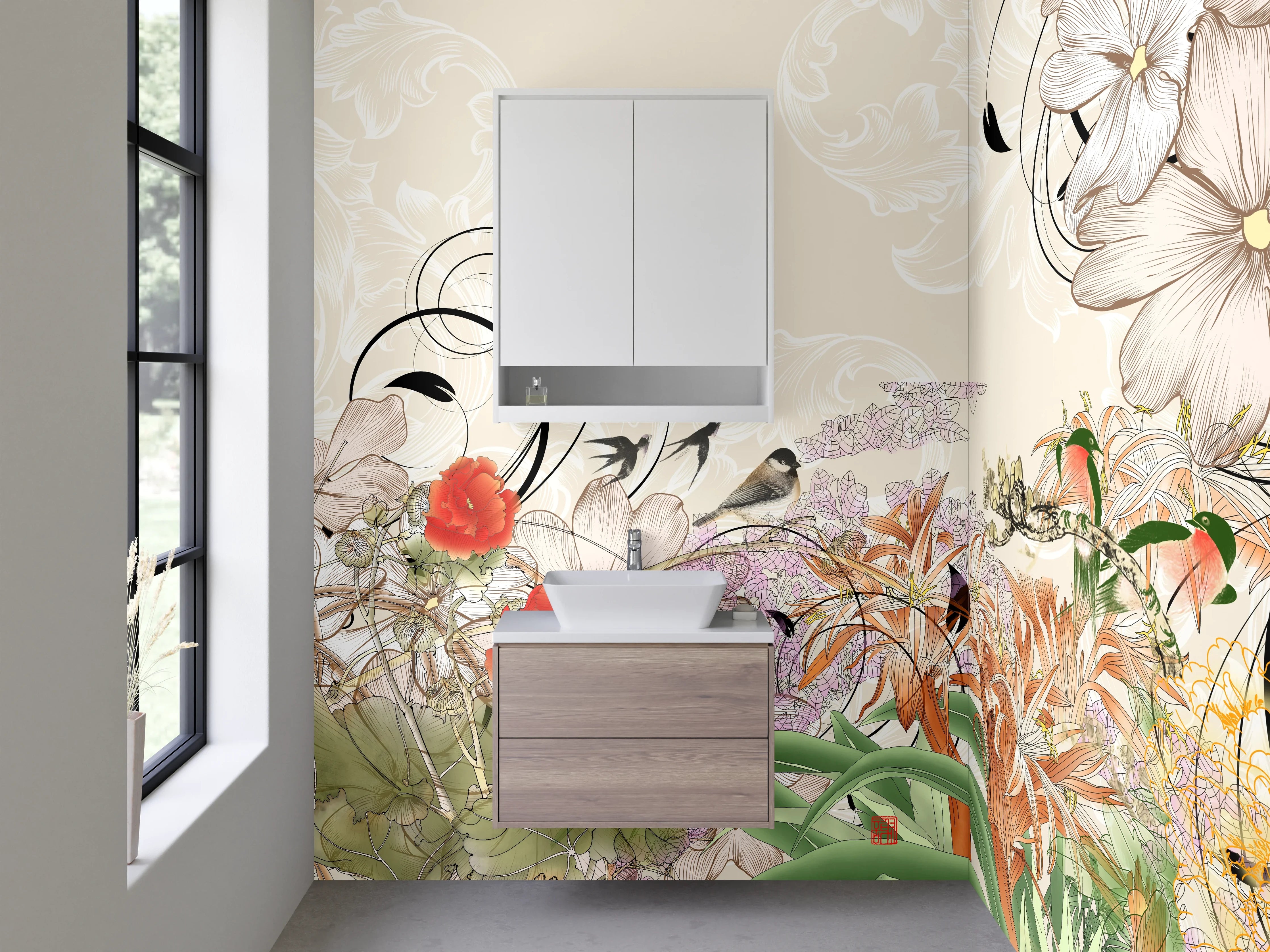 Waschbecken-Rückwand - Florales Aquarell mit Vogel – Pastellfarben