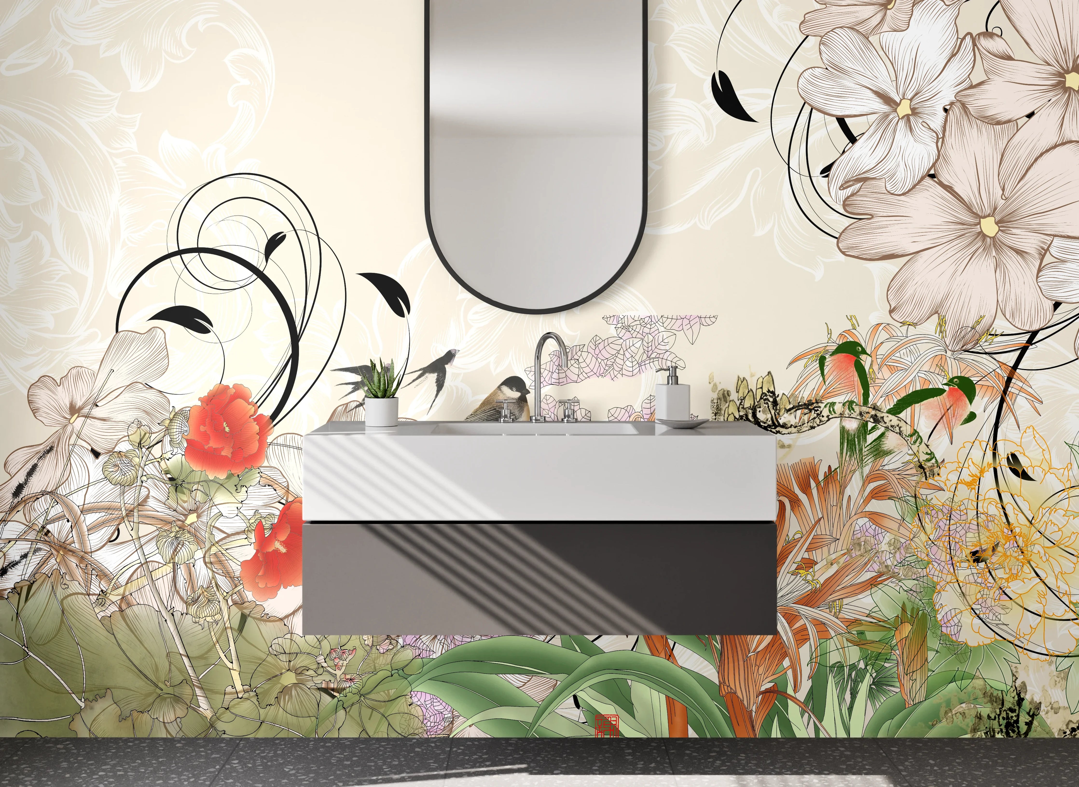 Waschbecken-Rückwand - Florales Aquarell mit Vogel – Pastellfarben