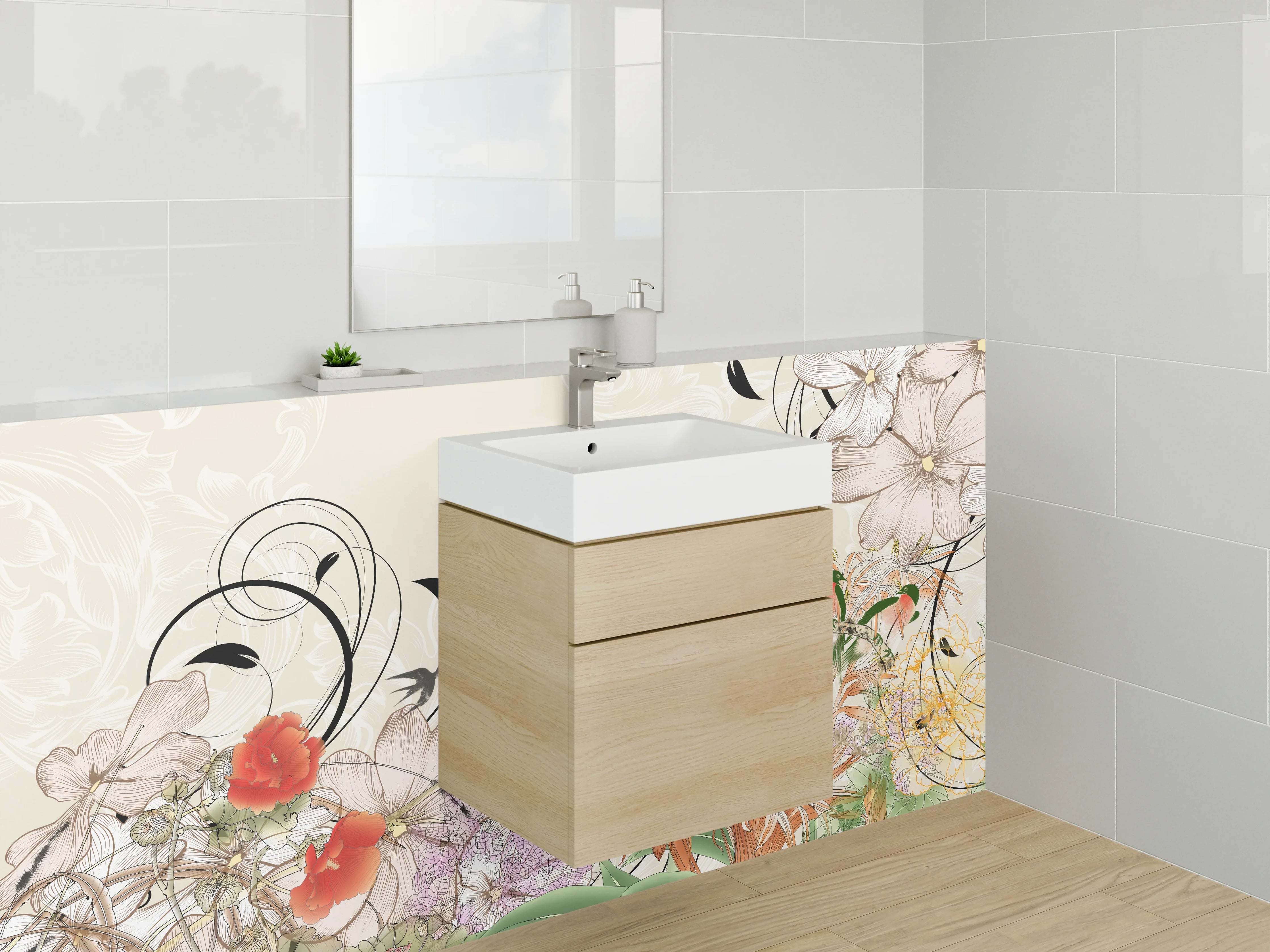 Waschbecken-Rückwand - Florales Aquarell mit Vogel – Pastellfarben