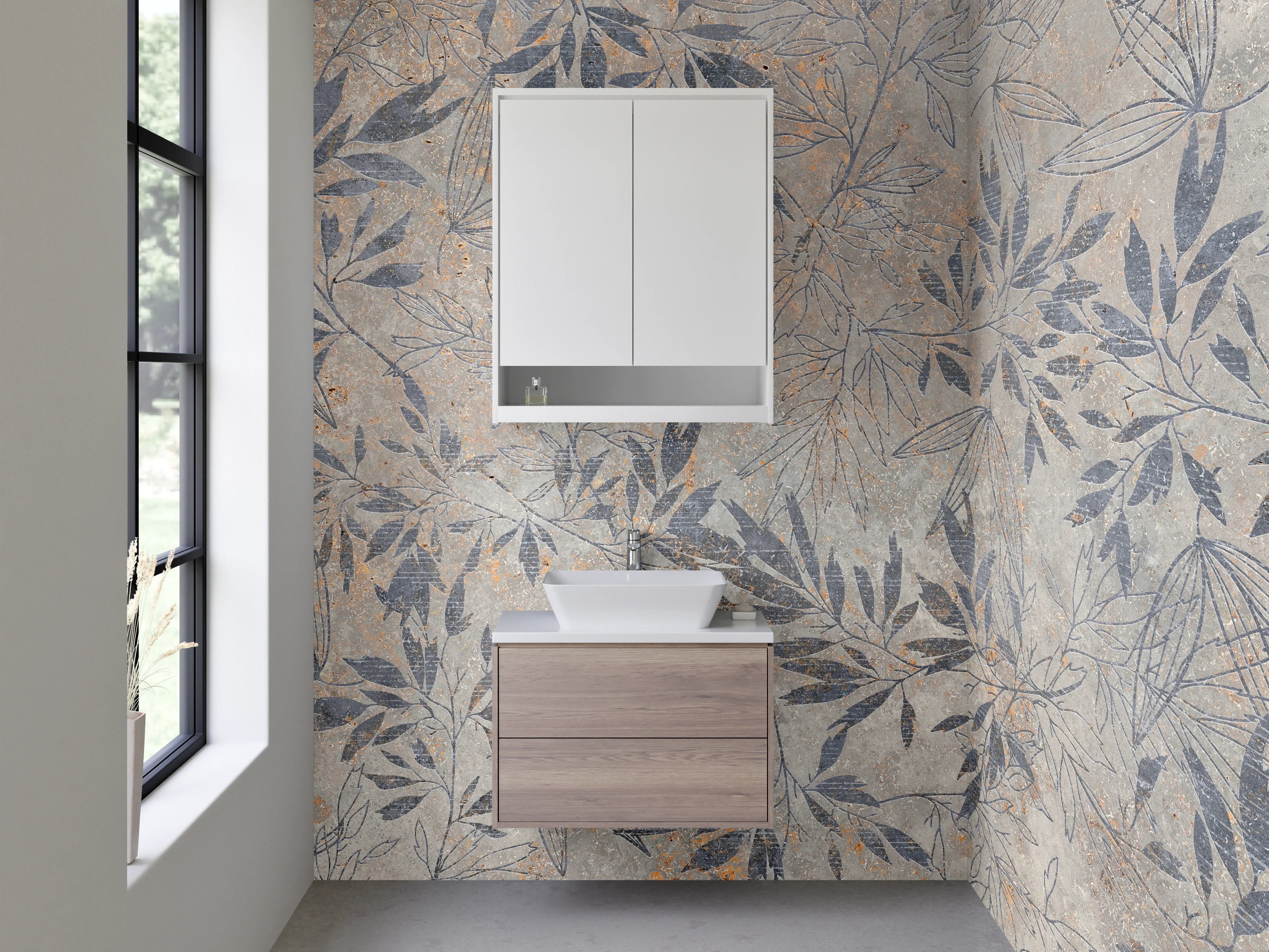 Waschbecken-Rückwand - Florales Blättermotiv auf Stein-Optik