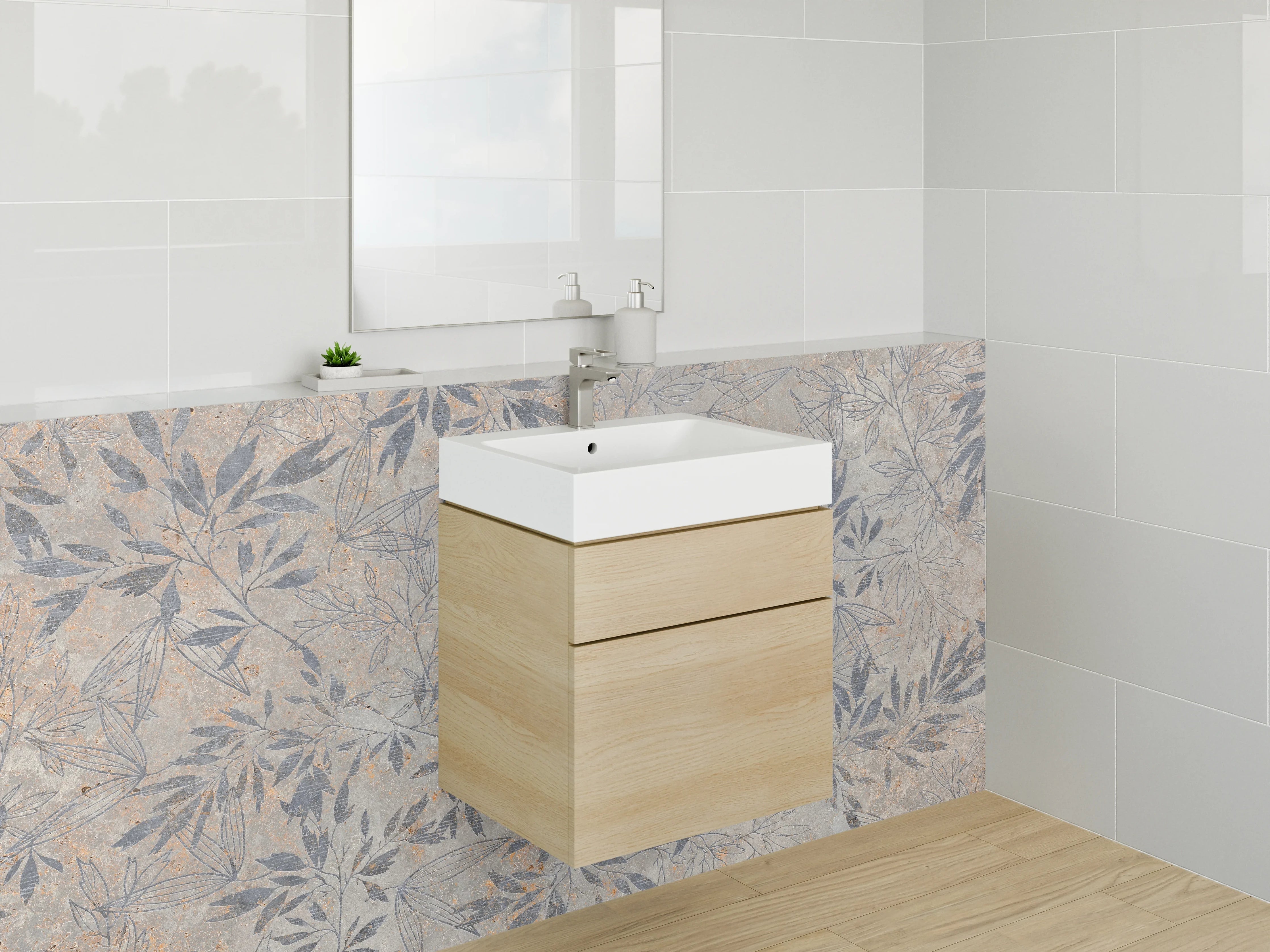 Waschbecken-Rückwand - Florales Blättermotiv auf Stein-Optik