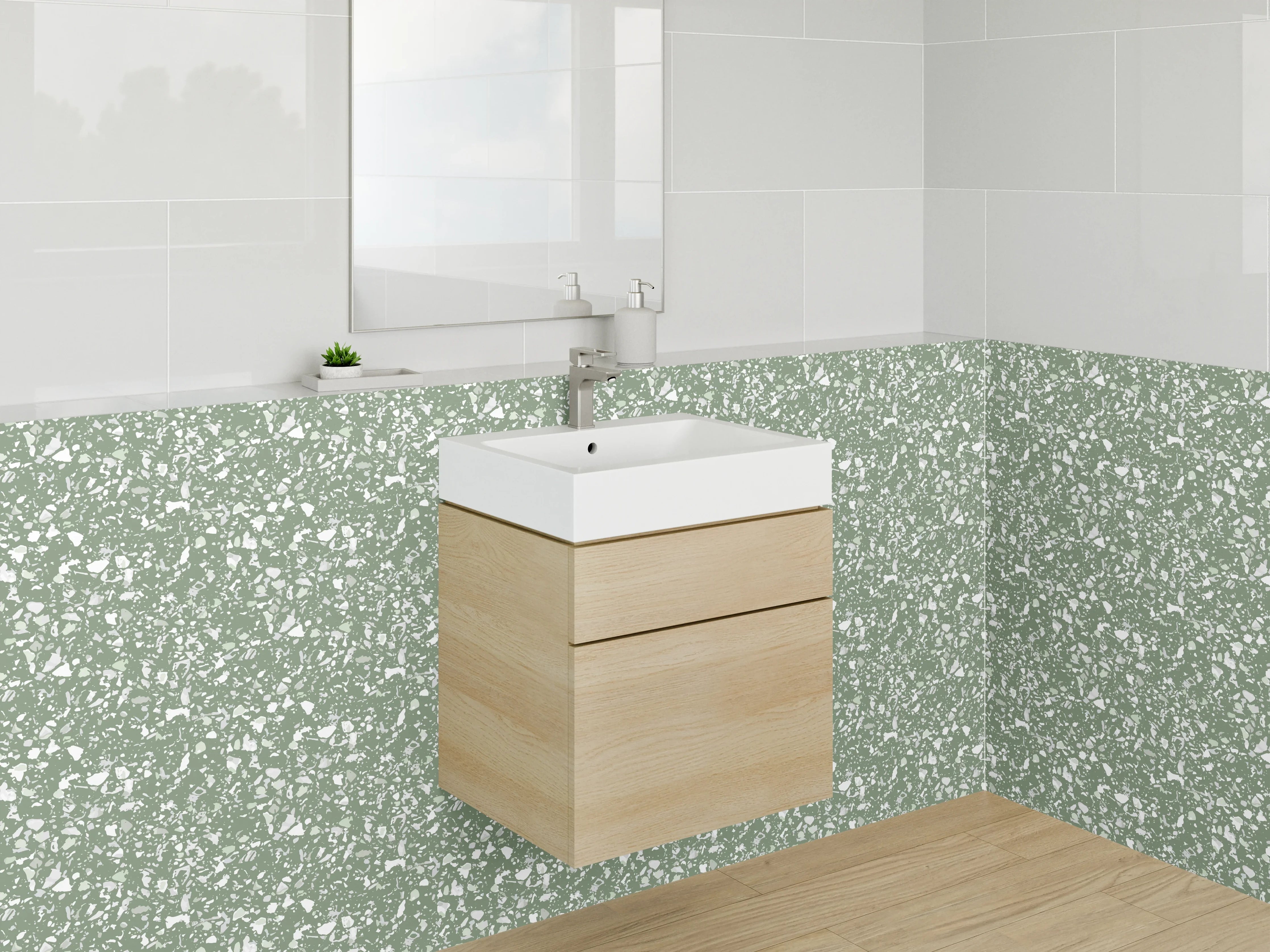 Waschbecken-Rückwand - Florales Blättermuster Grün Weiß