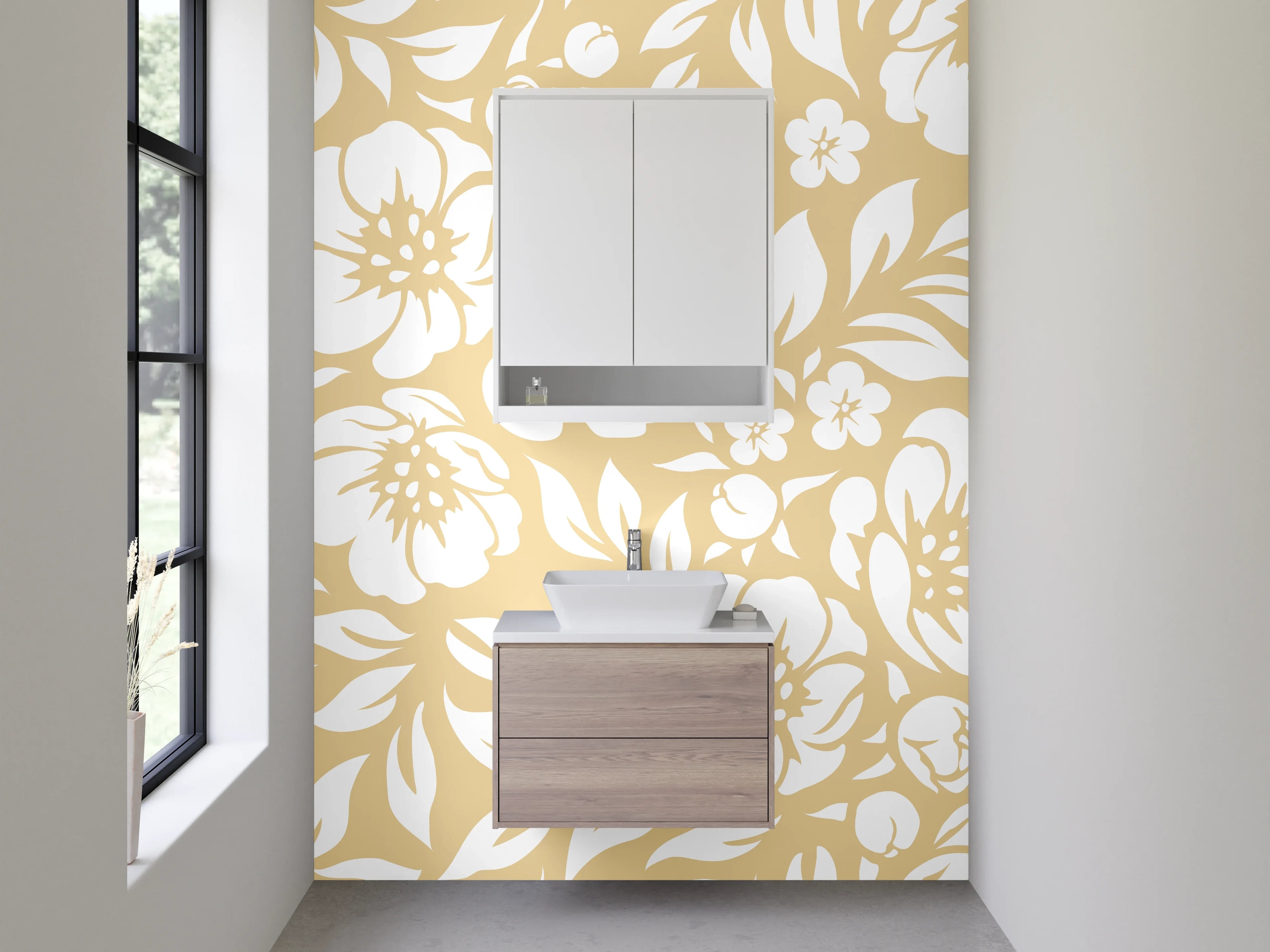 Waschbecken-Rückwand - Florales Blütenmuster Beige Weiß