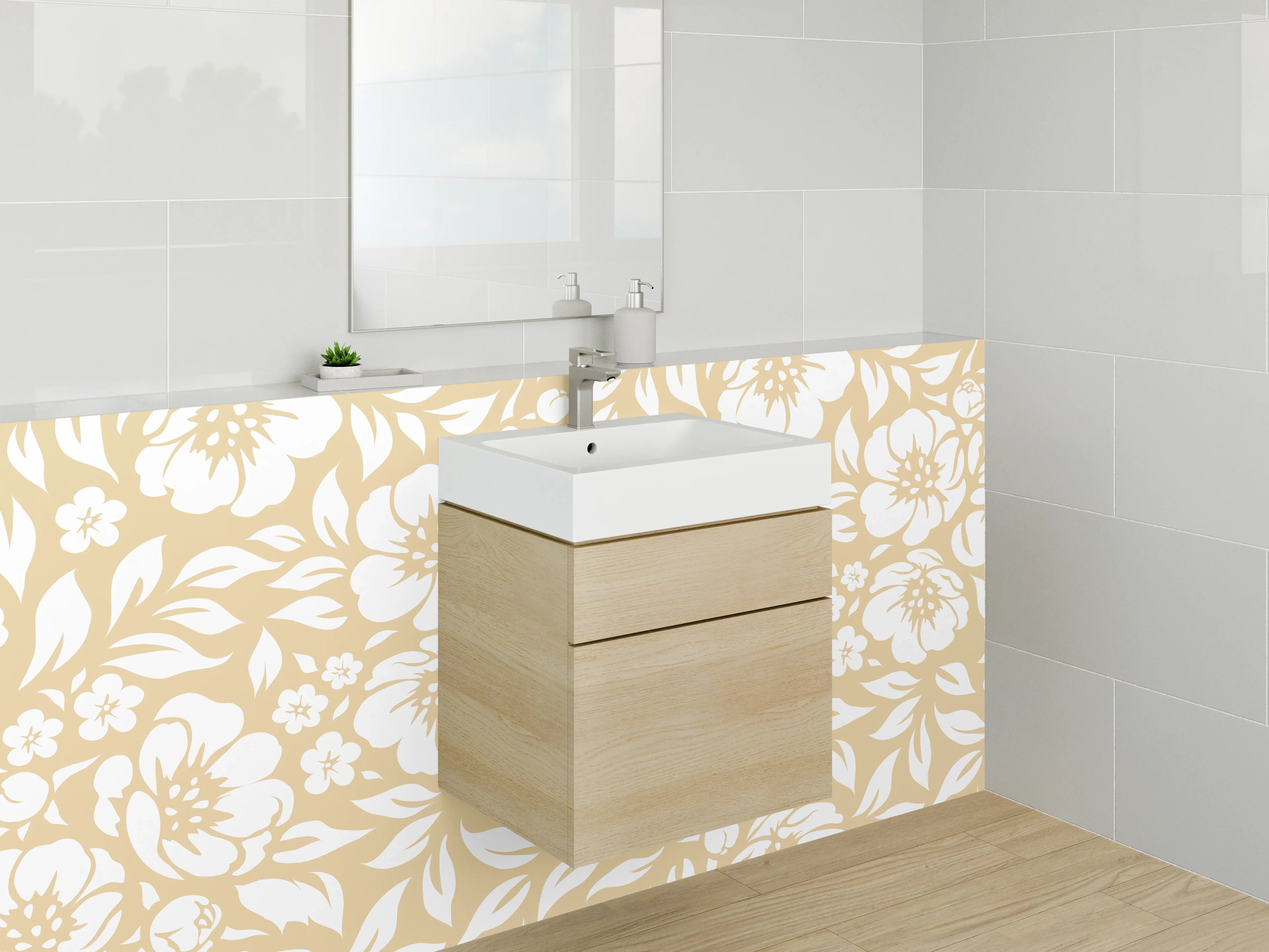 Waschbecken-Rückwand - Florales Blütenmuster Beige Weiß