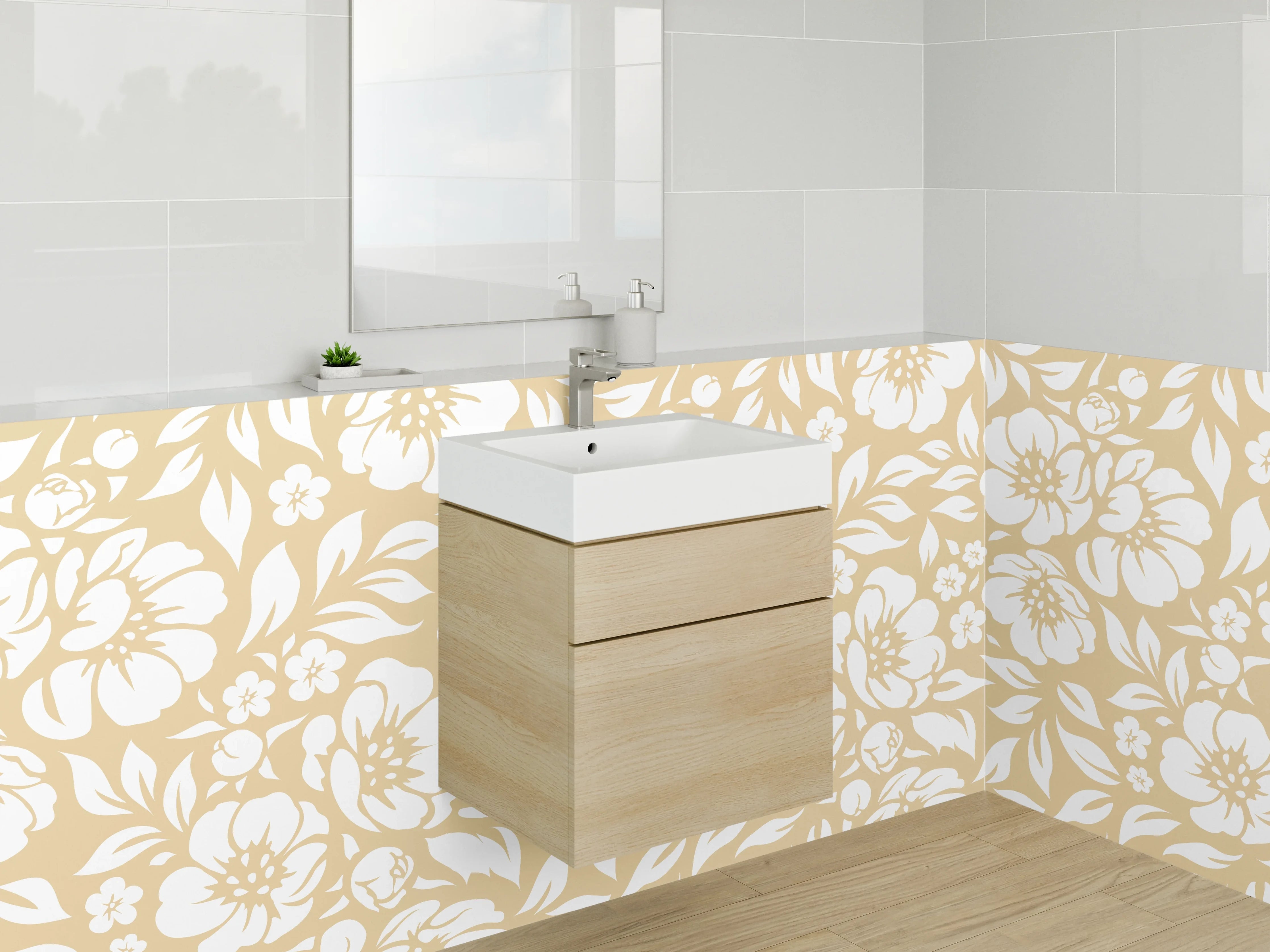 Waschbecken-Rückwand - Florales Blütenmuster Beige Weiß