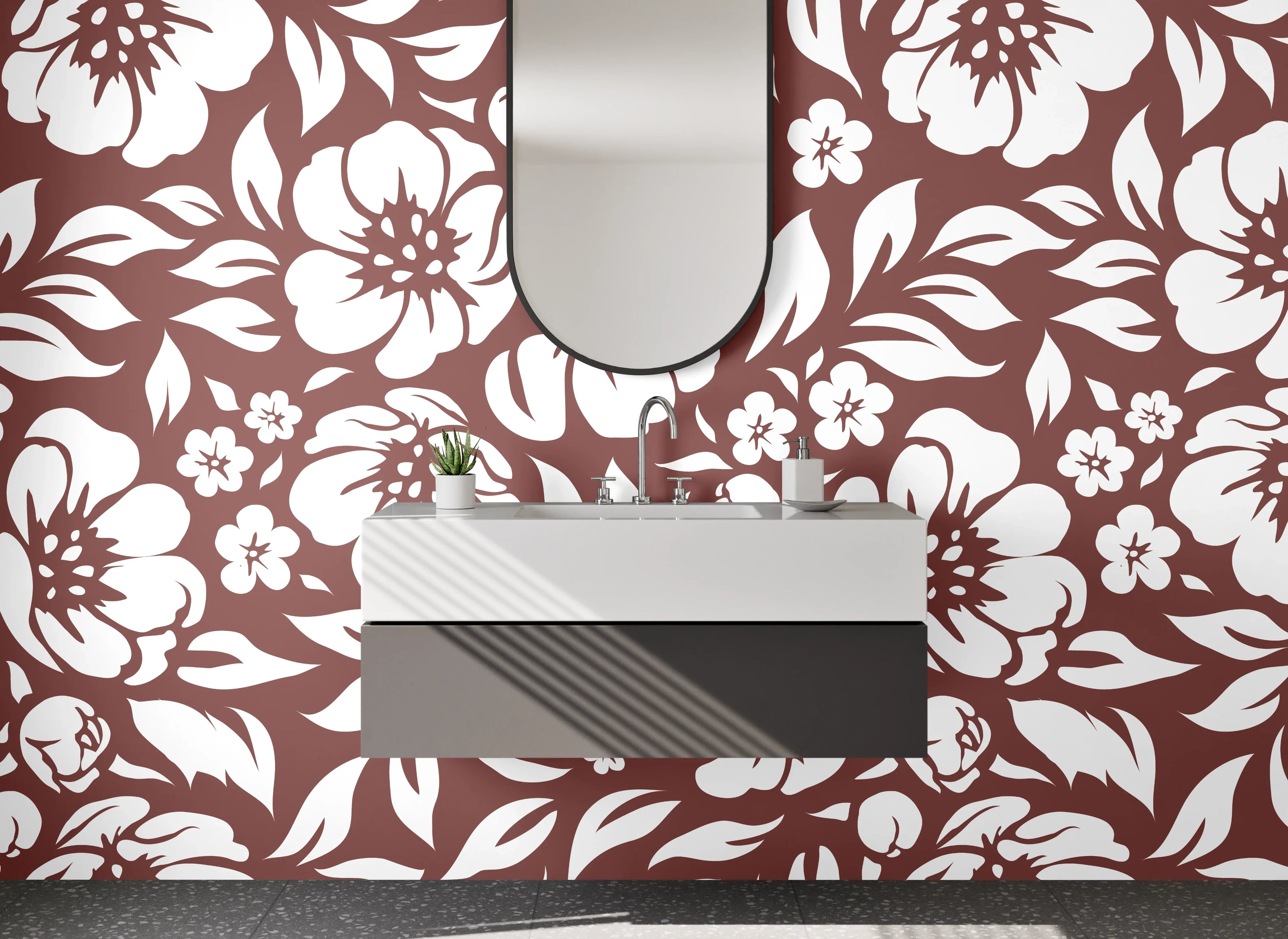 Waschbecken-Rückwand - Florales Blumen-Muster Braun Weiß