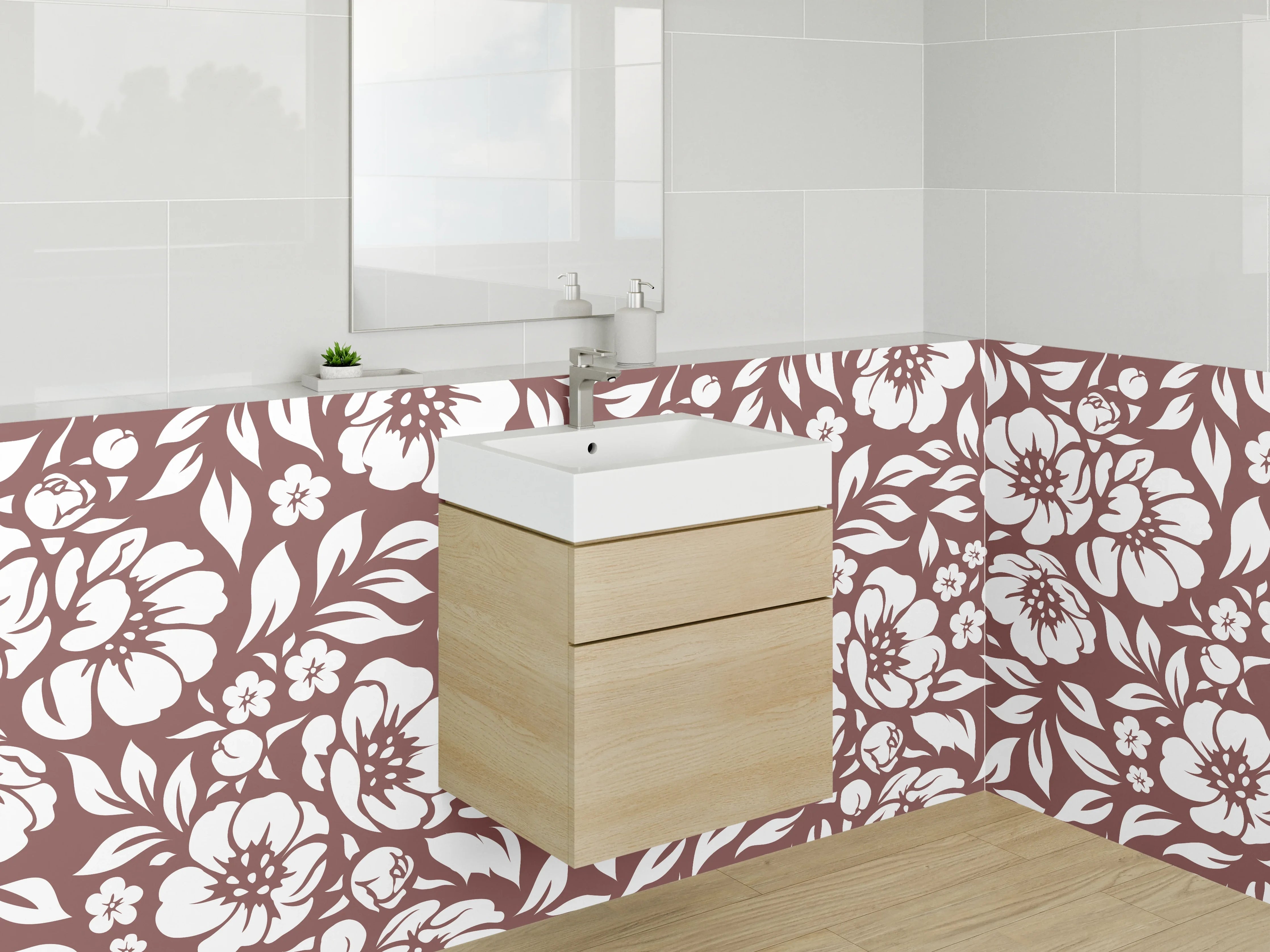 Waschbecken-Rückwand - Florales Blumen-Muster Braun Weiß